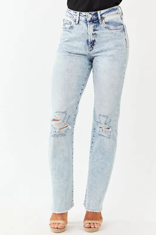 Mica Denim Rhinestone Stretchy Straight Jeans sold by Lime Lush