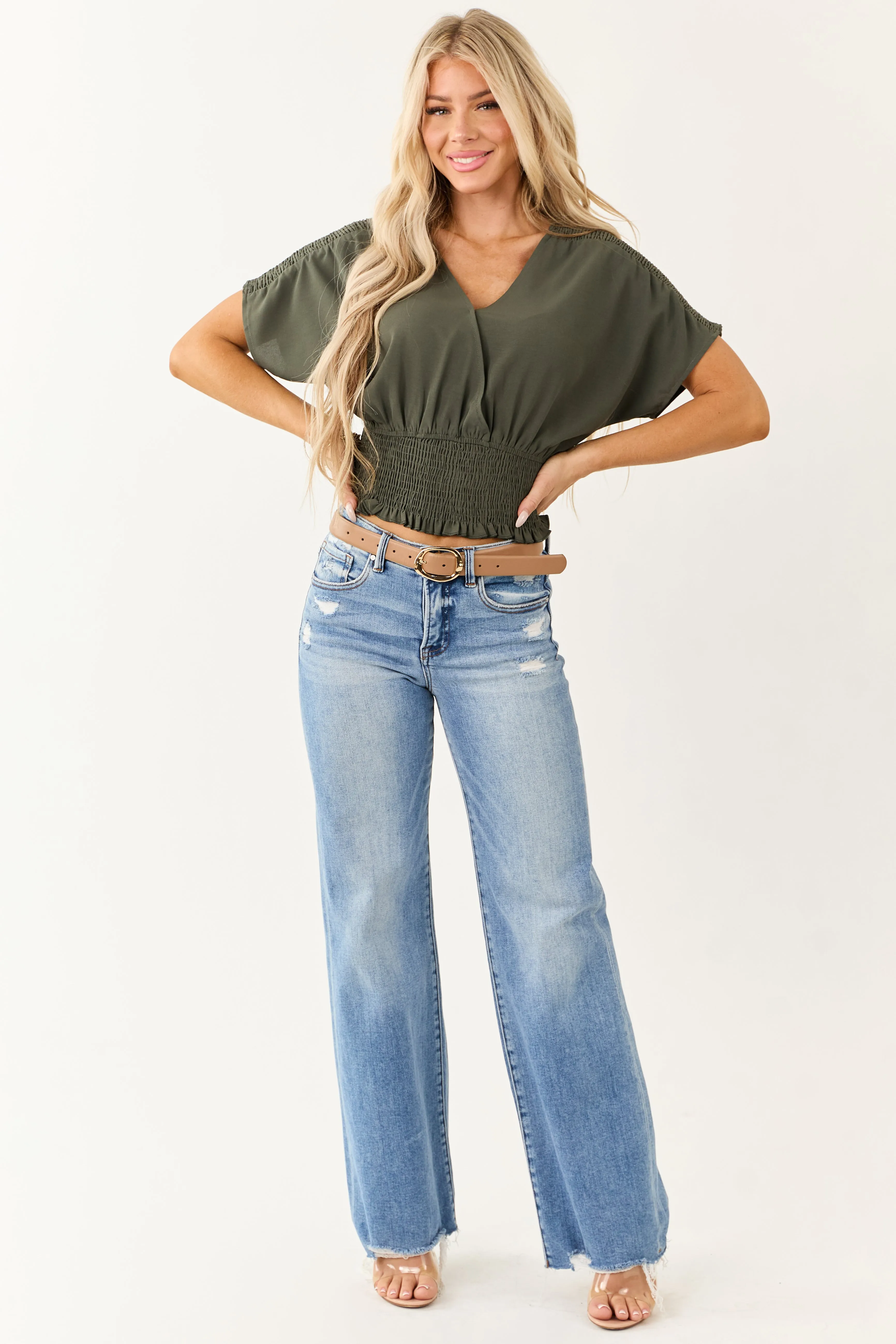 Army Green V Neck Smocked Surplice Top sold by Lime Lush product image thumbnail 3