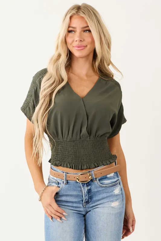 Army Green V Neck Smocked Surplice Top sold by Lime Lush