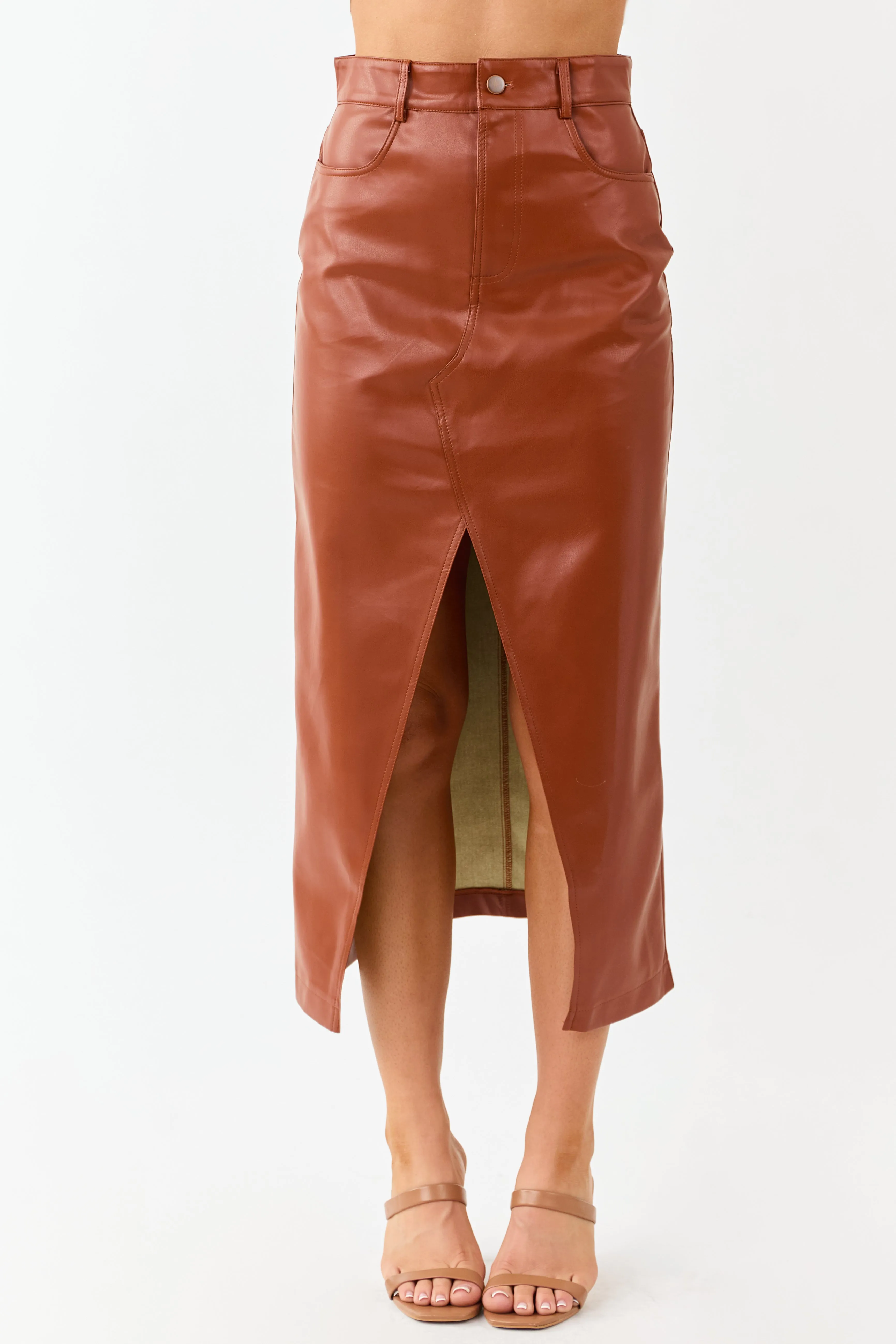 Lovelo Cinnamon Faux Leather Front Slit Midi Skirt sold by Lime Lush product image thumbnail 2