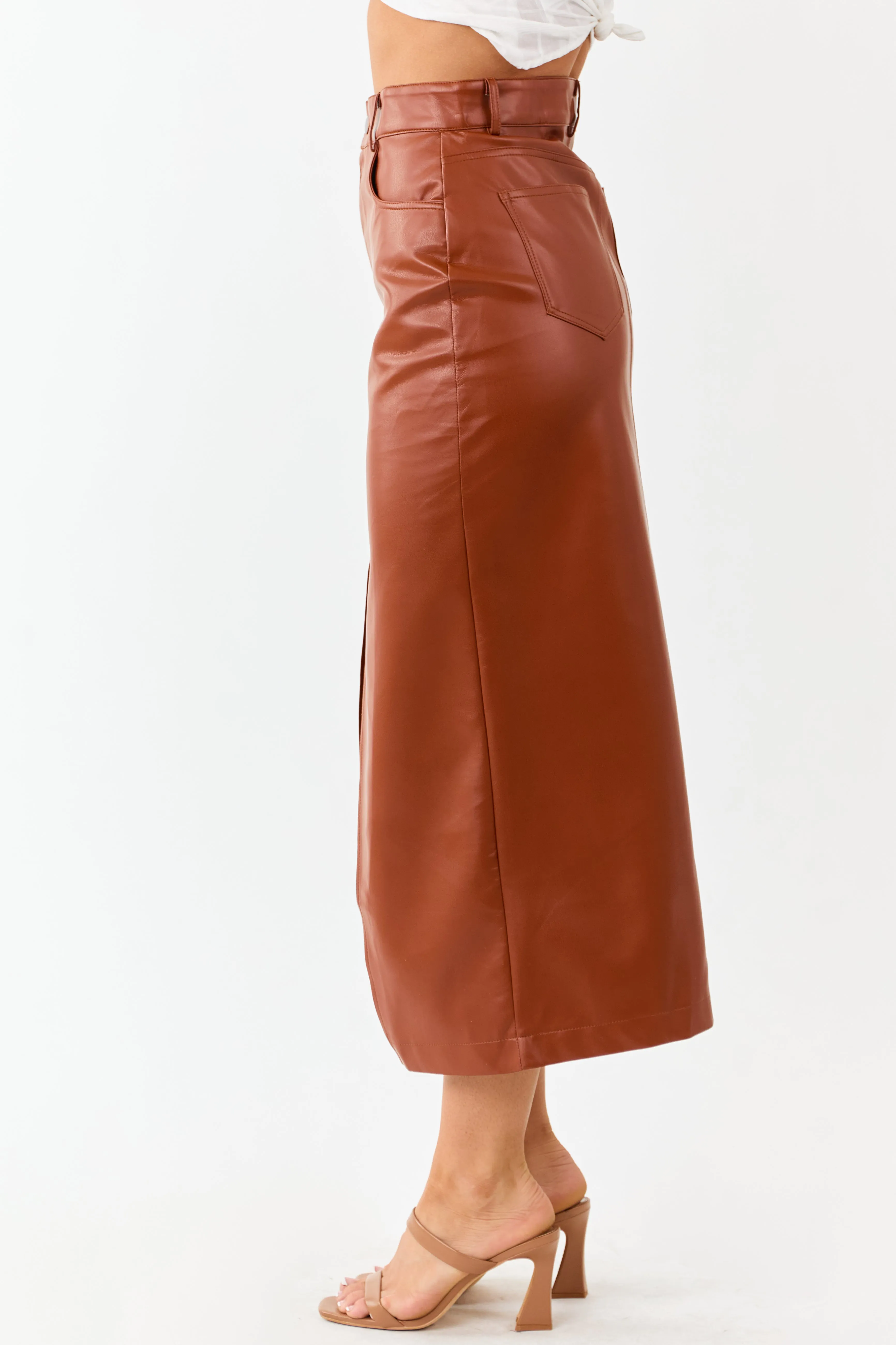 Lovelo Cinnamon Faux Leather Front Slit Midi Skirt sold by Lime Lush product image thumbnail 3