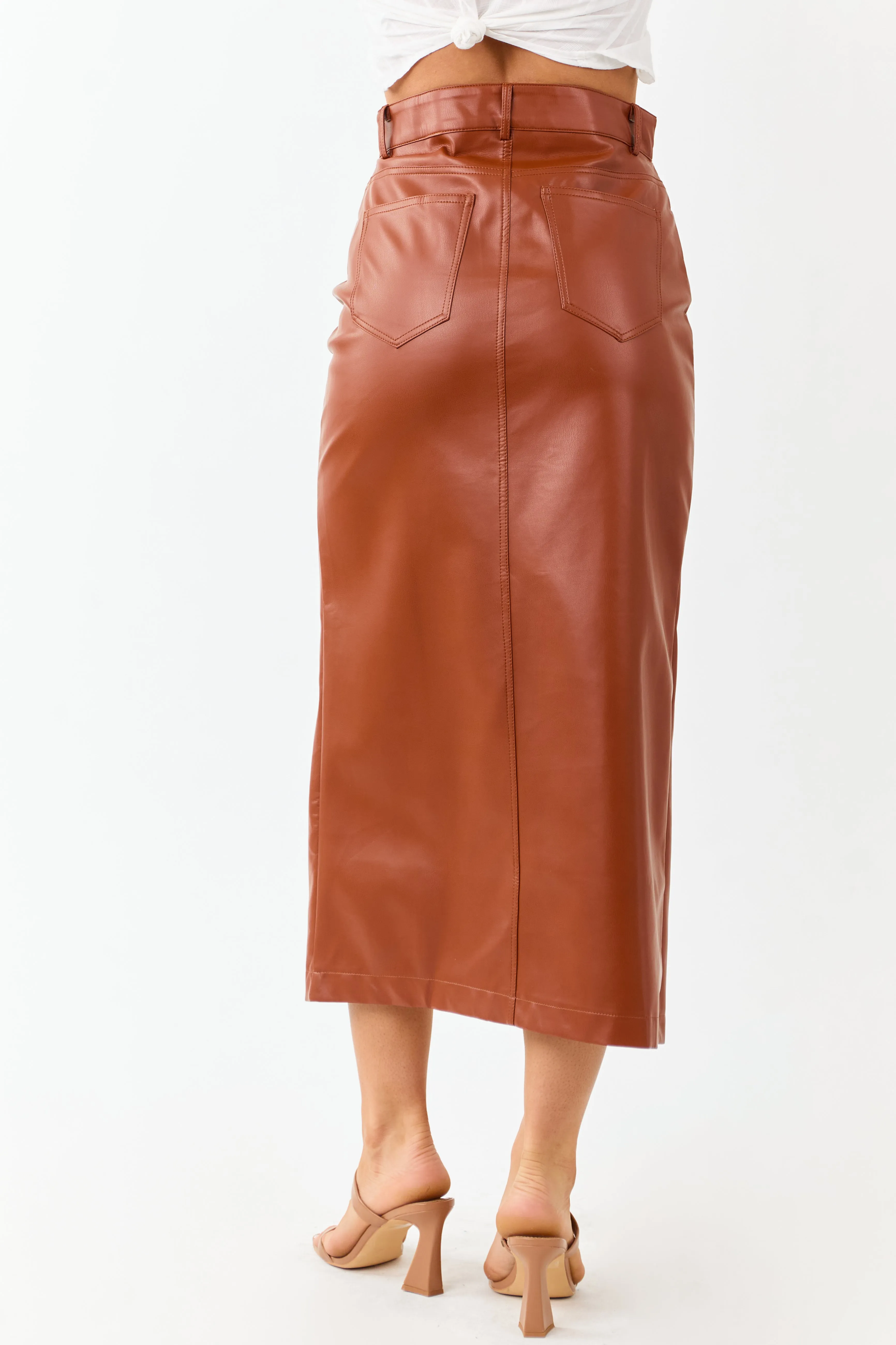 Lovelo Cinnamon Faux Leather Front Slit Midi Skirt sold by Lime Lush product image thumbnail 4