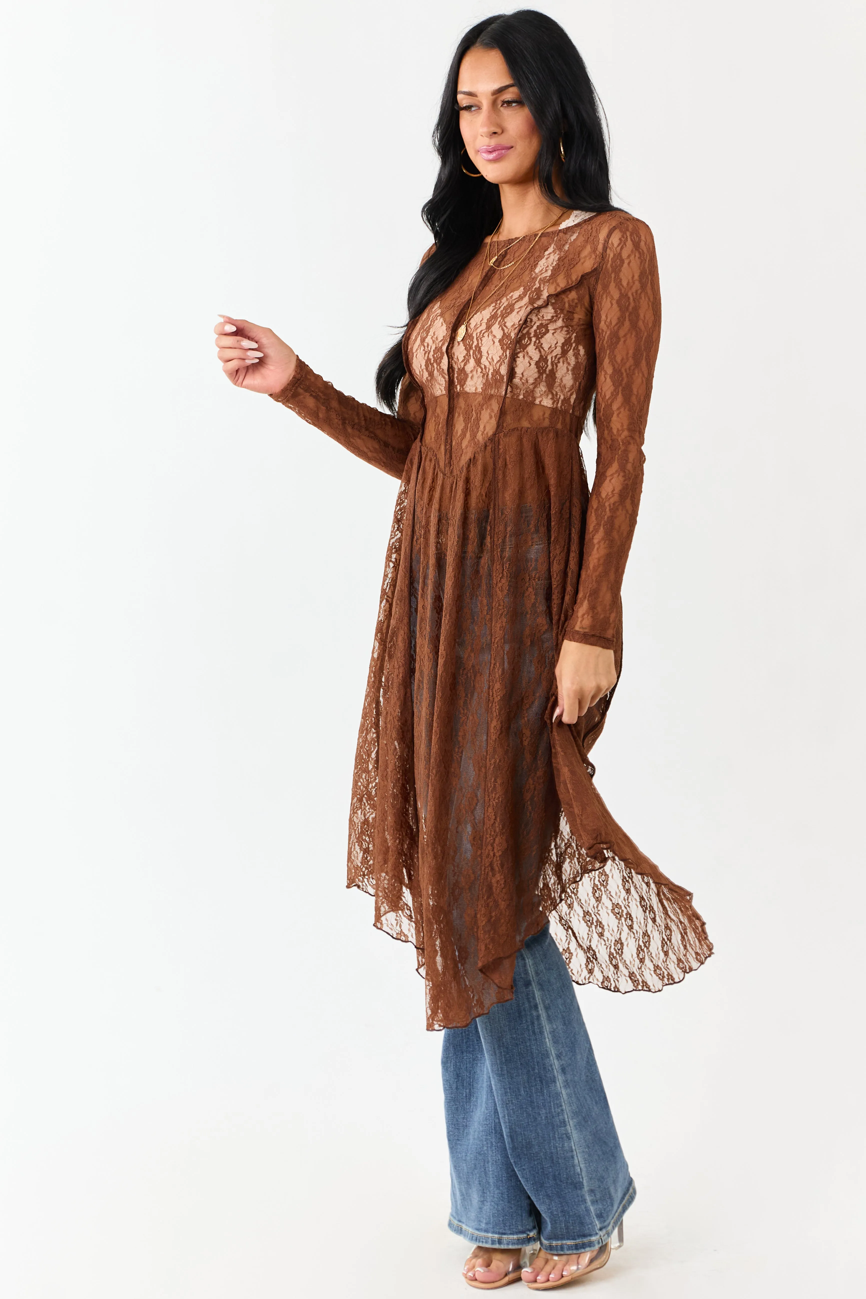 Listicle Sepia Sheer Floral Mesh Lace Midi Dress sold by Lime Lush product image thumbnail 4