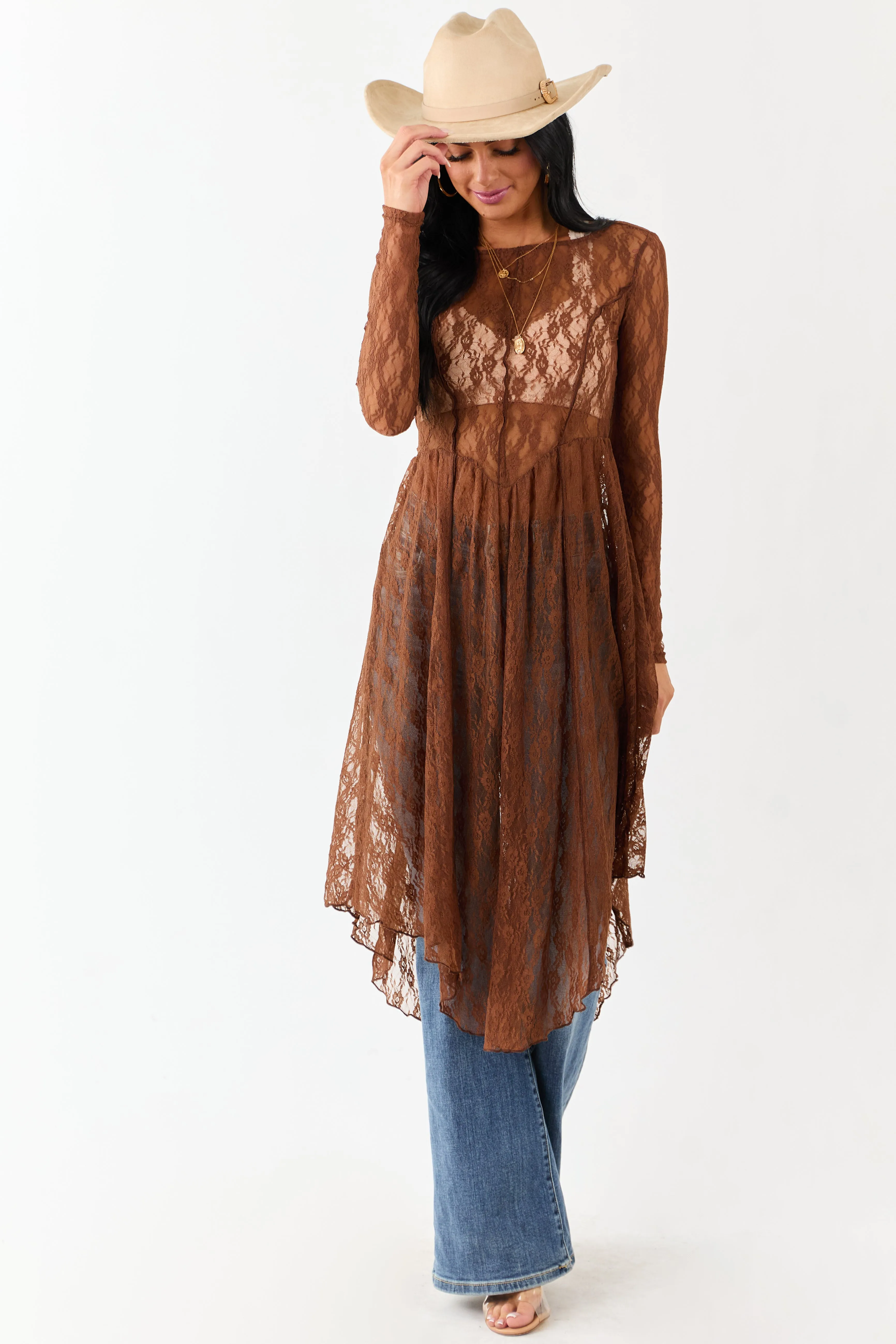Listicle Sepia Sheer Floral Mesh Lace Midi Dress sold by Lime Lush