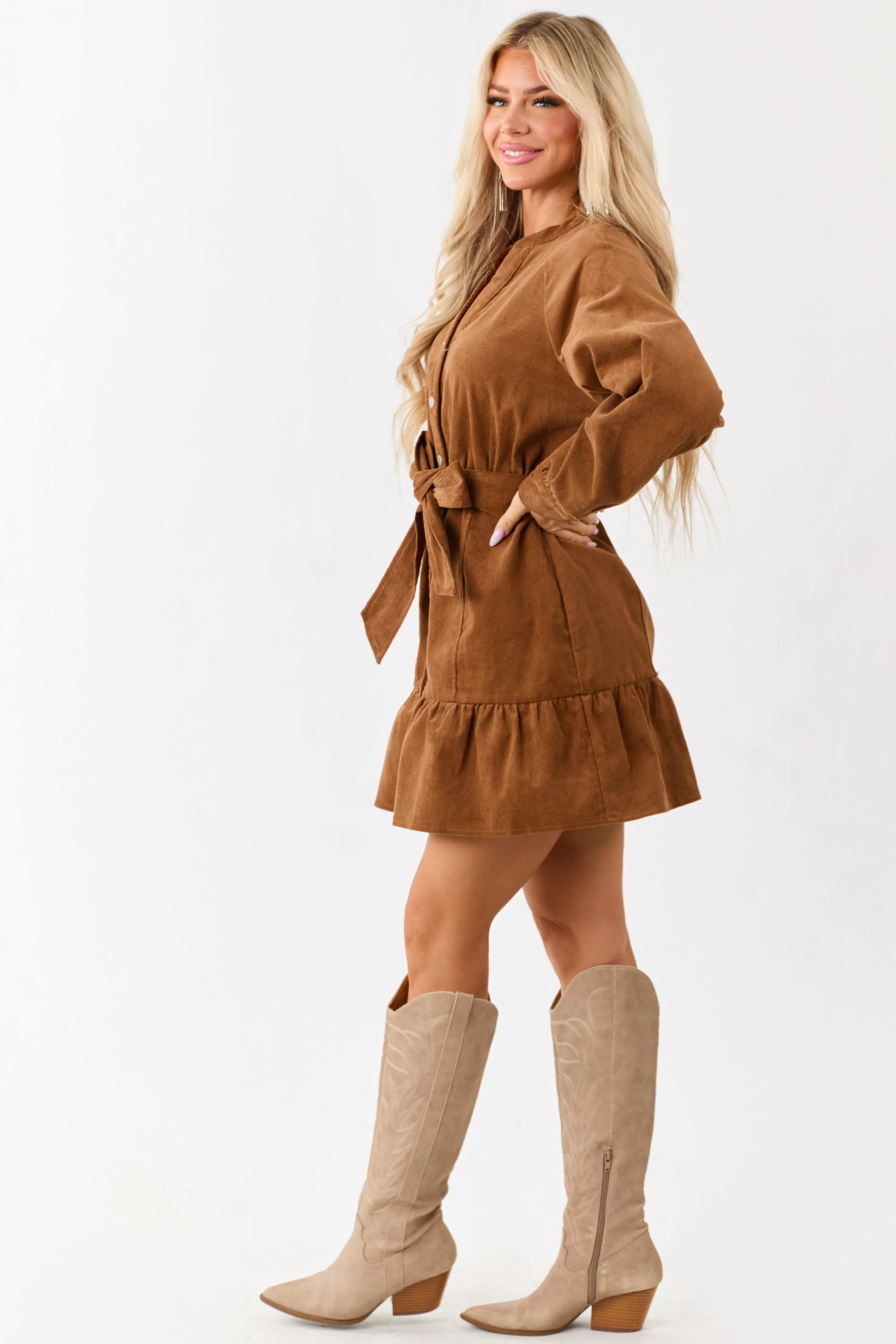Lovelo Brown Sugar Long Sleeve Corduroy Short Dress sold by Lime Lush product image thumbnail 4