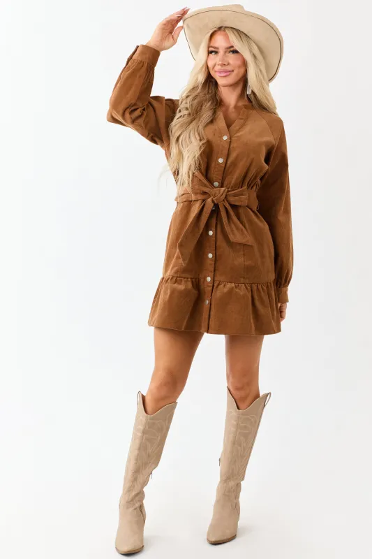 Lovelo Brown Sugar Long Sleeve Corduroy Short Dress sold by Lime Lush