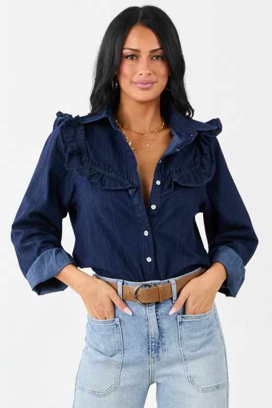 Lovelo Dark Denim Button Up Ruffled Long Sleeve Top sold by Lime Lush