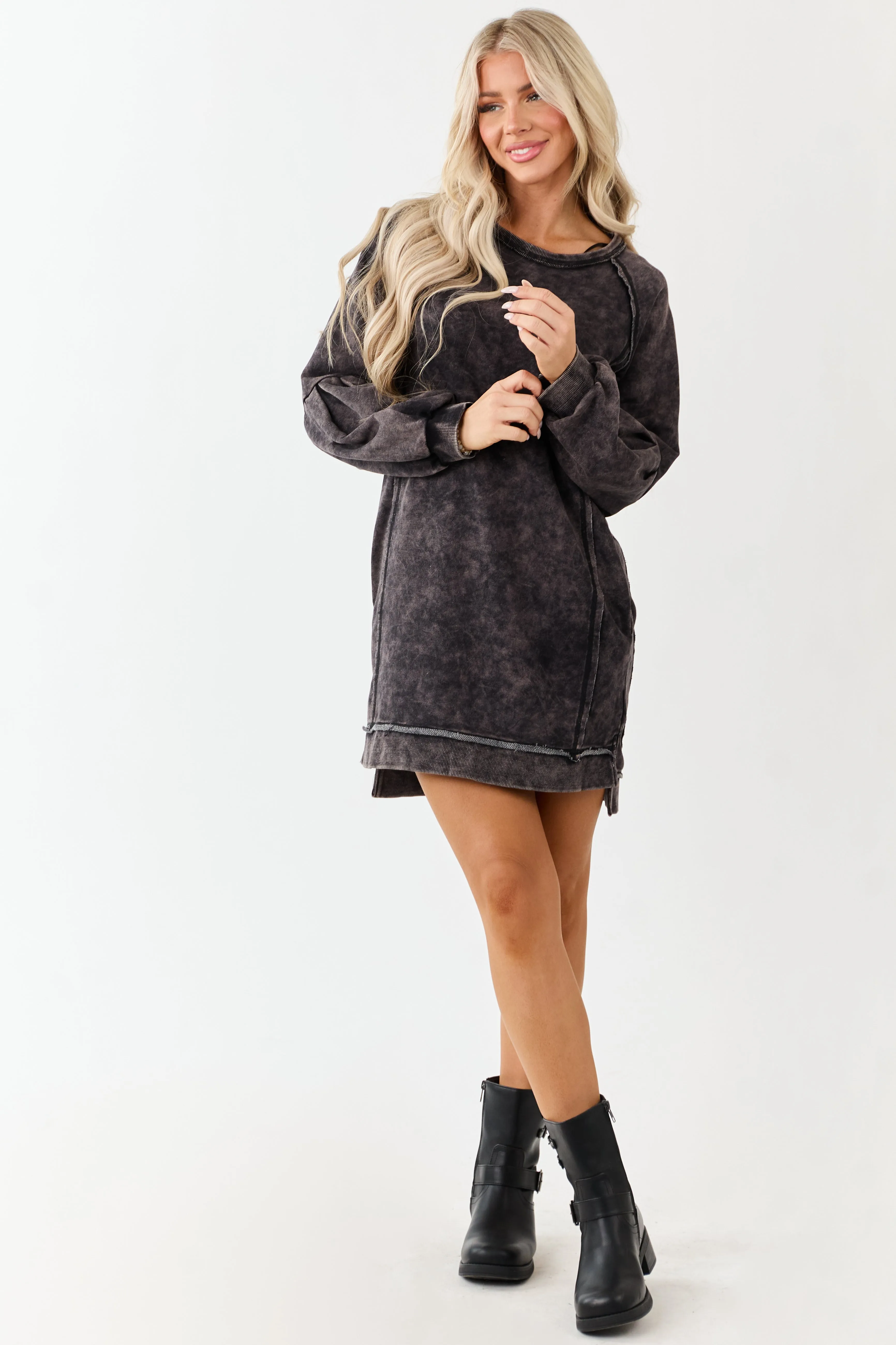 Black Mineral Wash Knit Raglan Sleeve Mini Dress sold by Lime Lush product image thumbnail 5