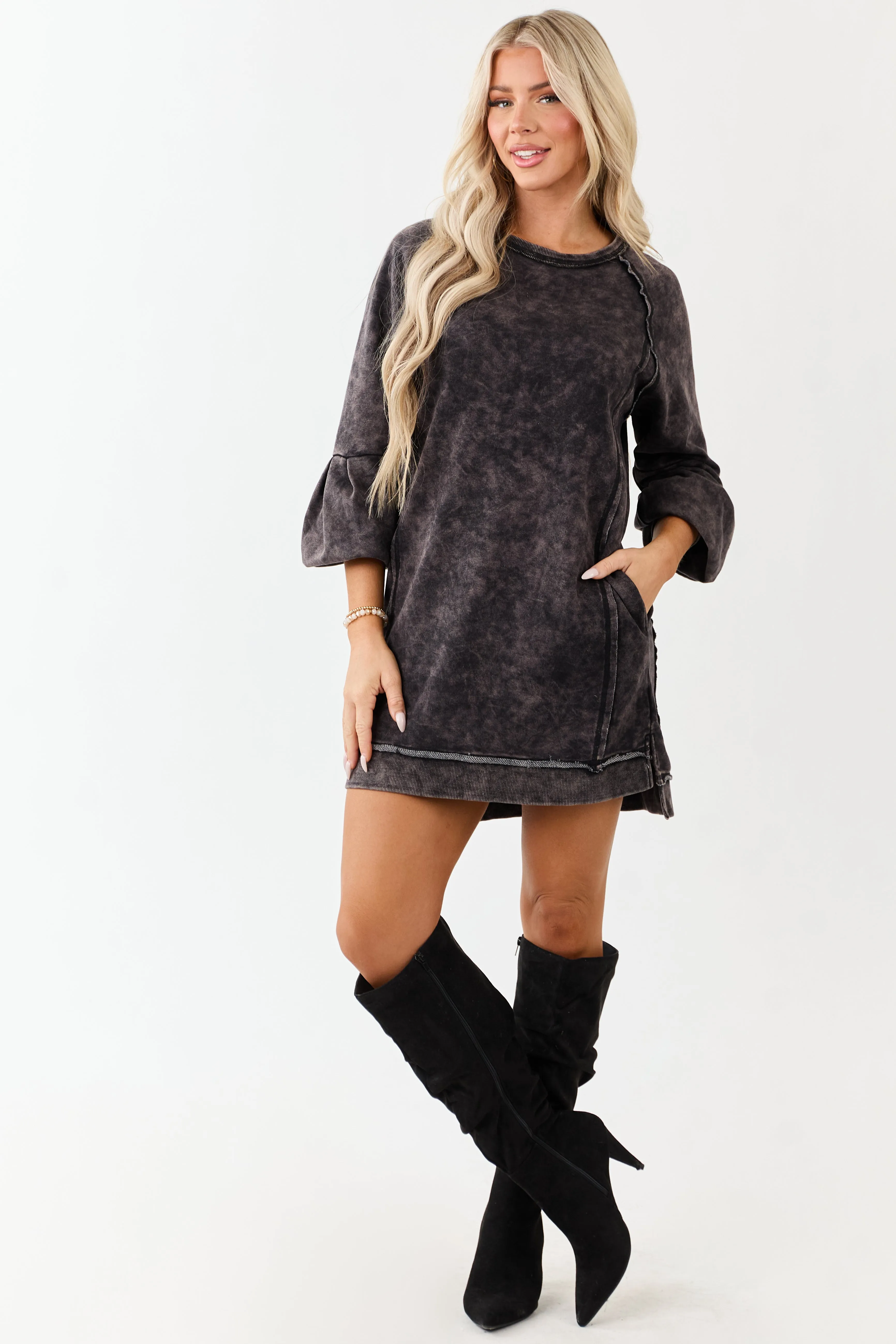 Black Mineral Wash Knit Raglan Sleeve Mini Dress sold by Lime Lush product image thumbnail 2