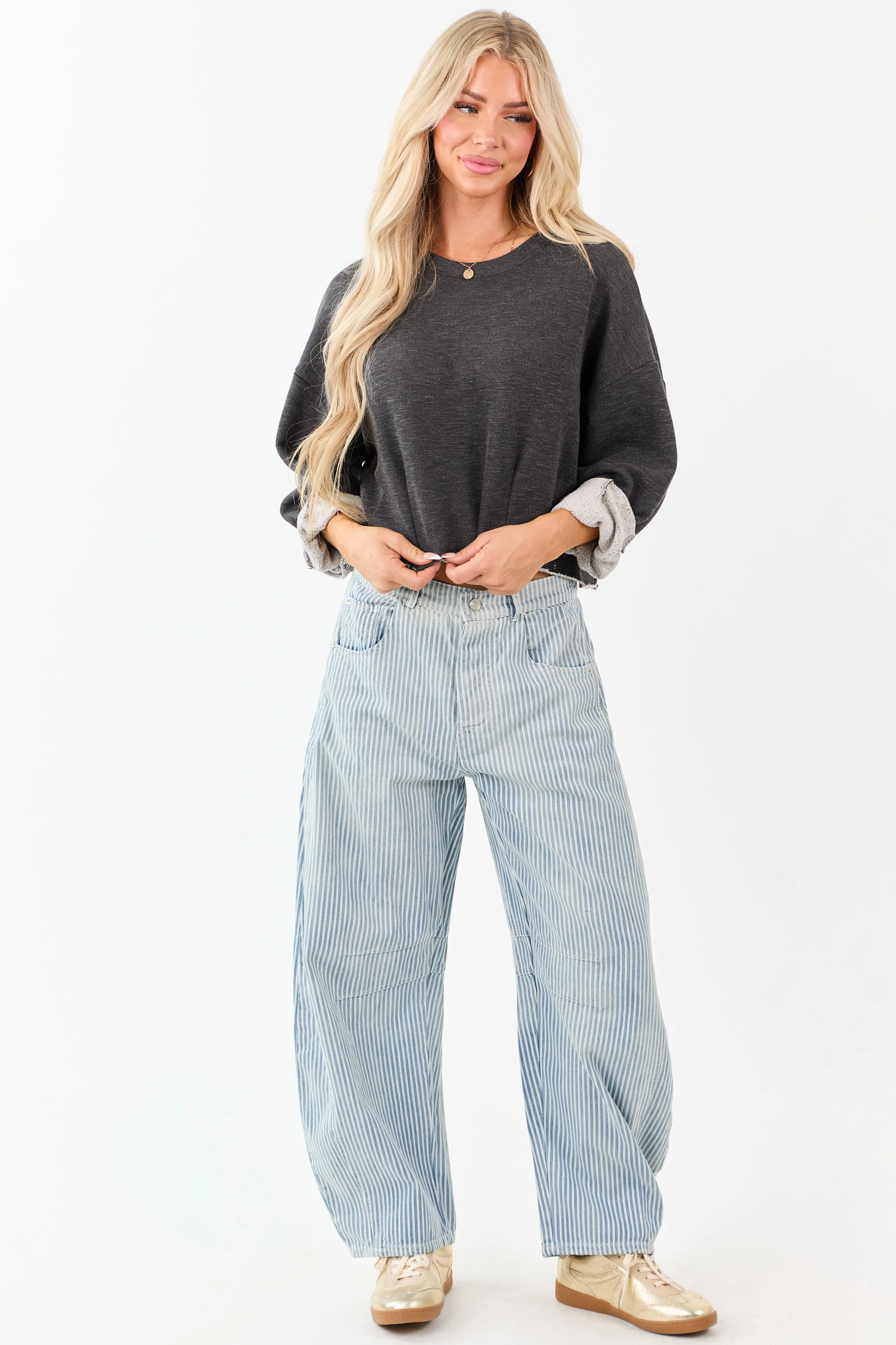 Medium Mineral Wash Railroad Stripe Barrel Jeans sold by Lime Lush product image thumbnail 5