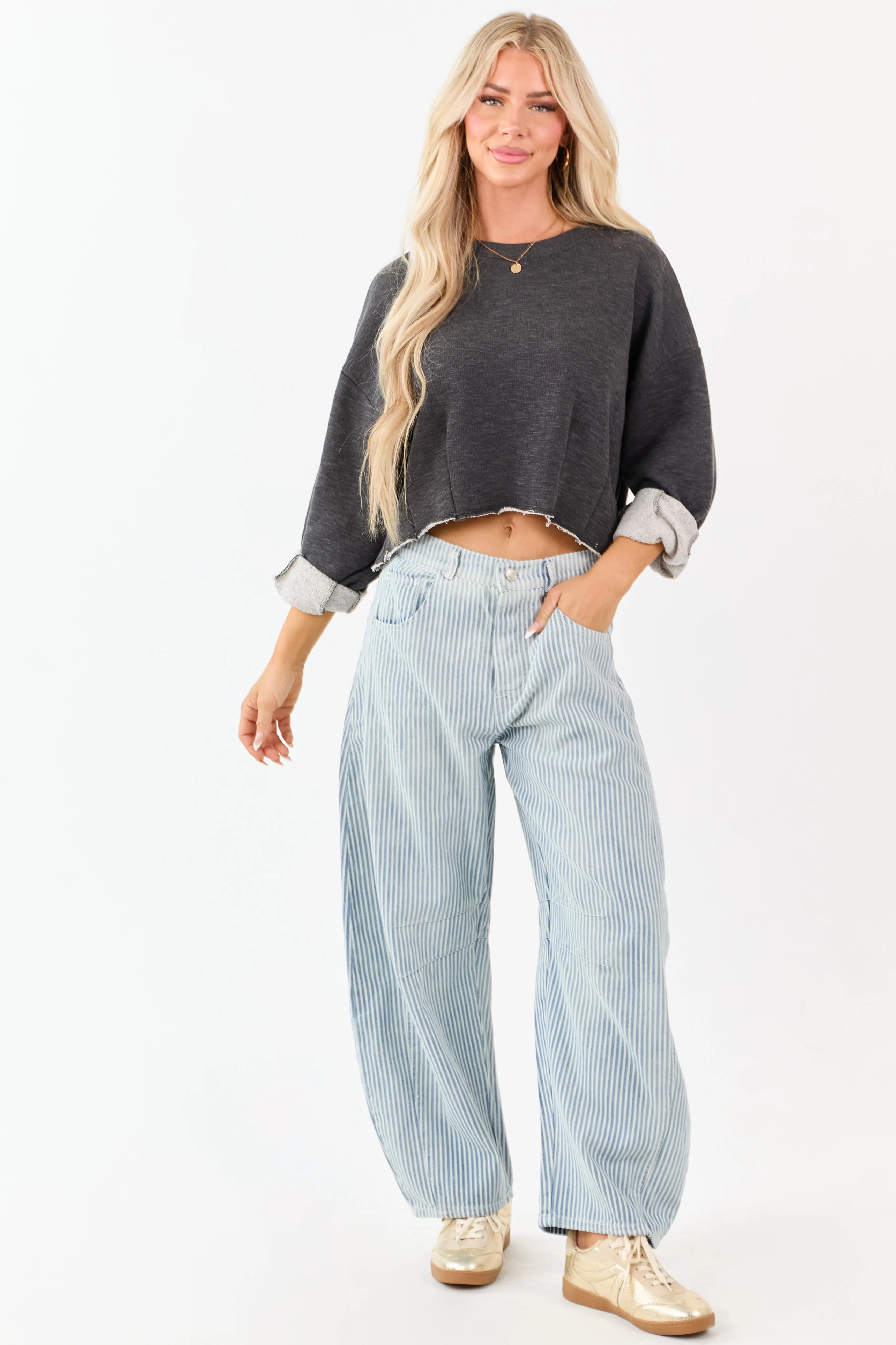 Medium Mineral Wash Railroad Stripe Barrel Jeans sold by Lime Lush