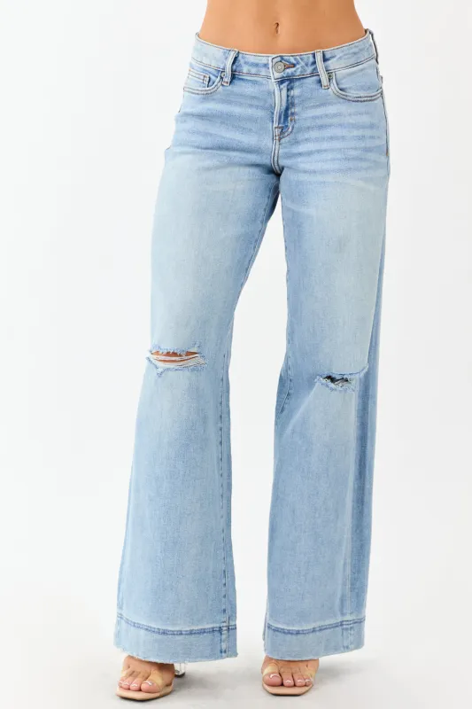 Hidden Light Wash Distressed Stretchy Wide Leg Jeans sold by Lime Lush