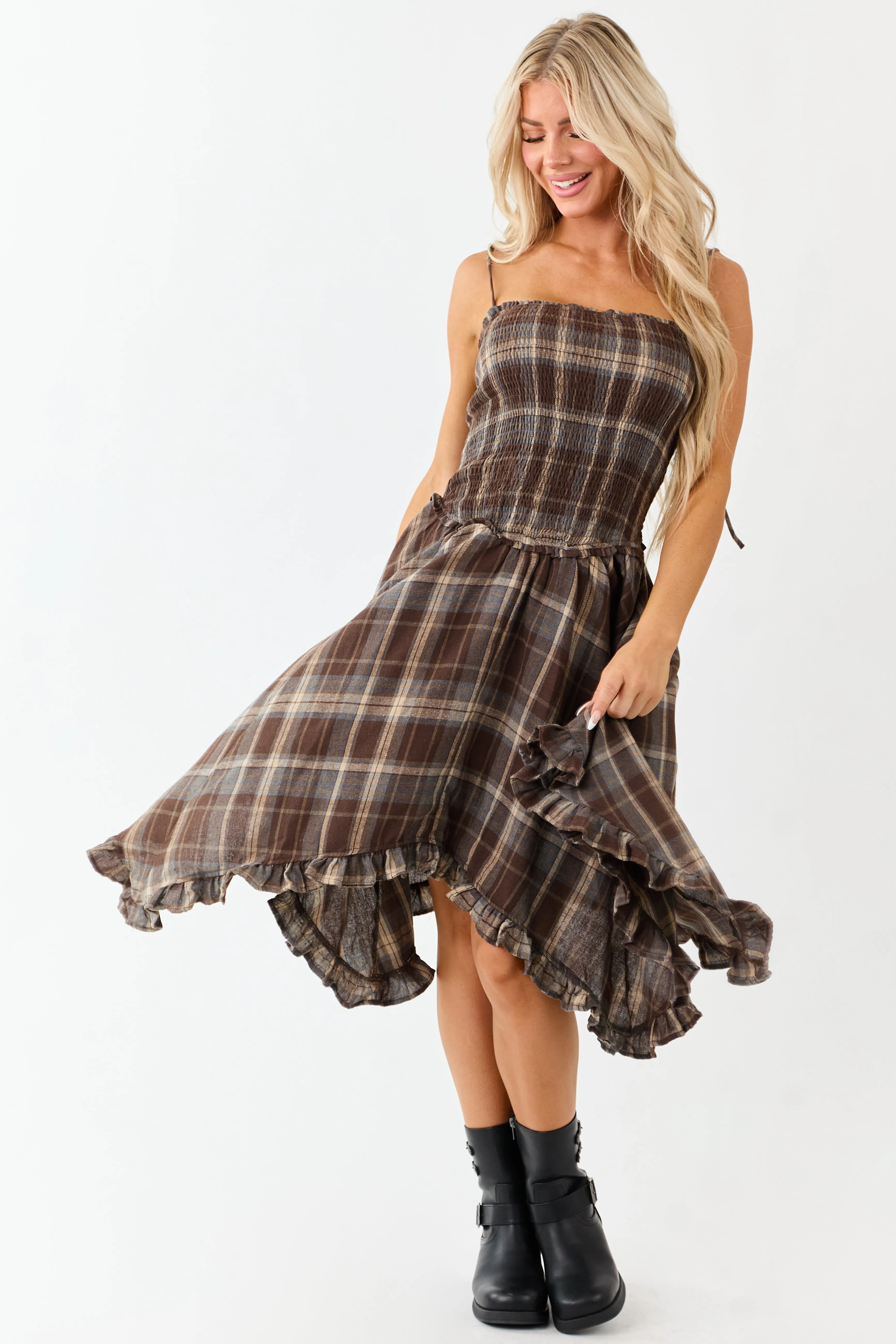 Cocoa Plaid Handkerchief Hem Sleeveless Midi Dress sold by Lime Lush product image thumbnail 3