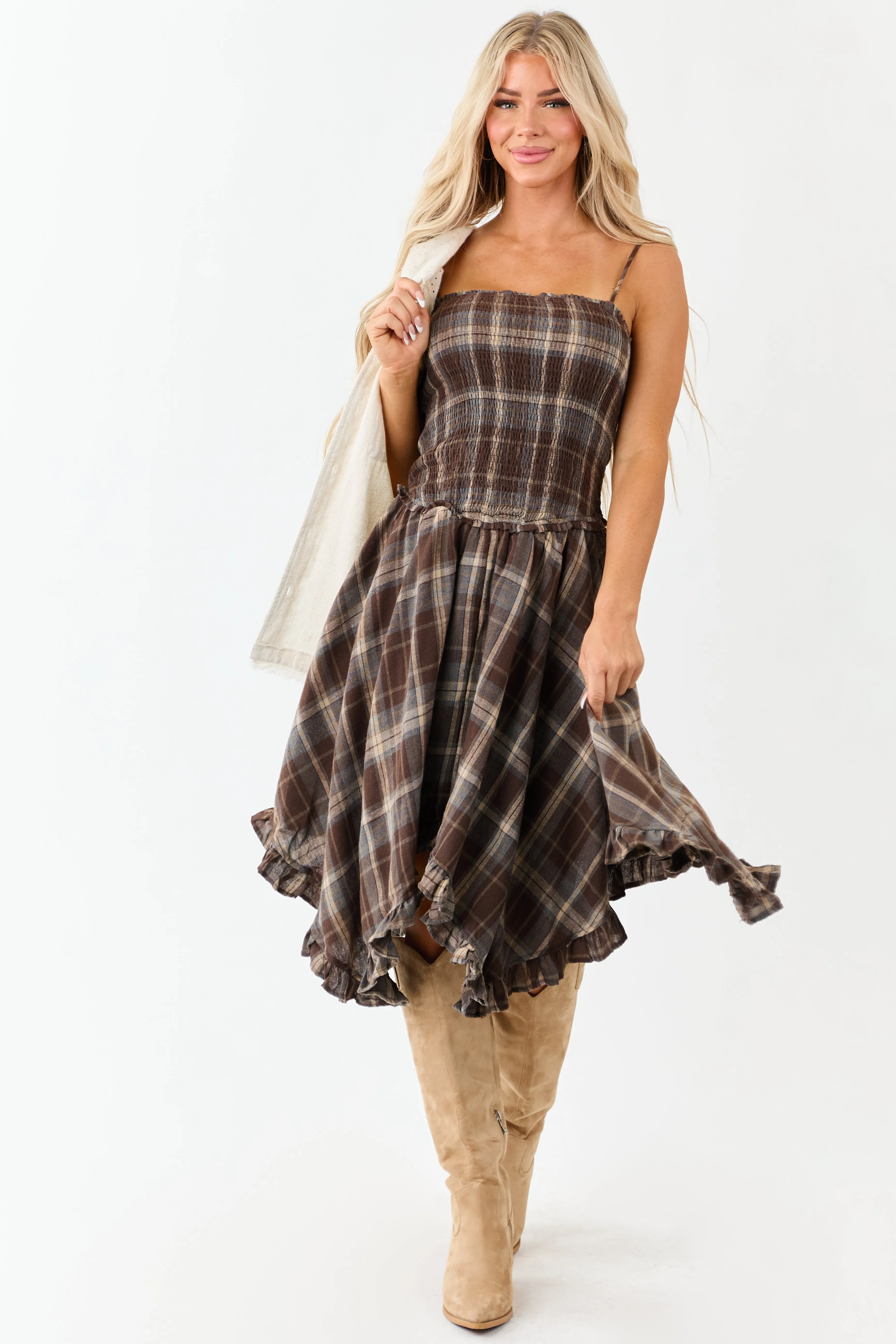 Cocoa Plaid Handkerchief Hem Sleeveless Midi Dress sold by Lime Lush product image thumbnail 4