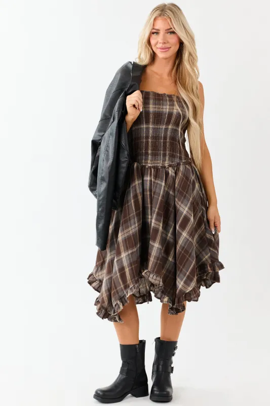 Cocoa Plaid Handkerchief Hem Sleeveless Midi Dress sold by Lime Lush