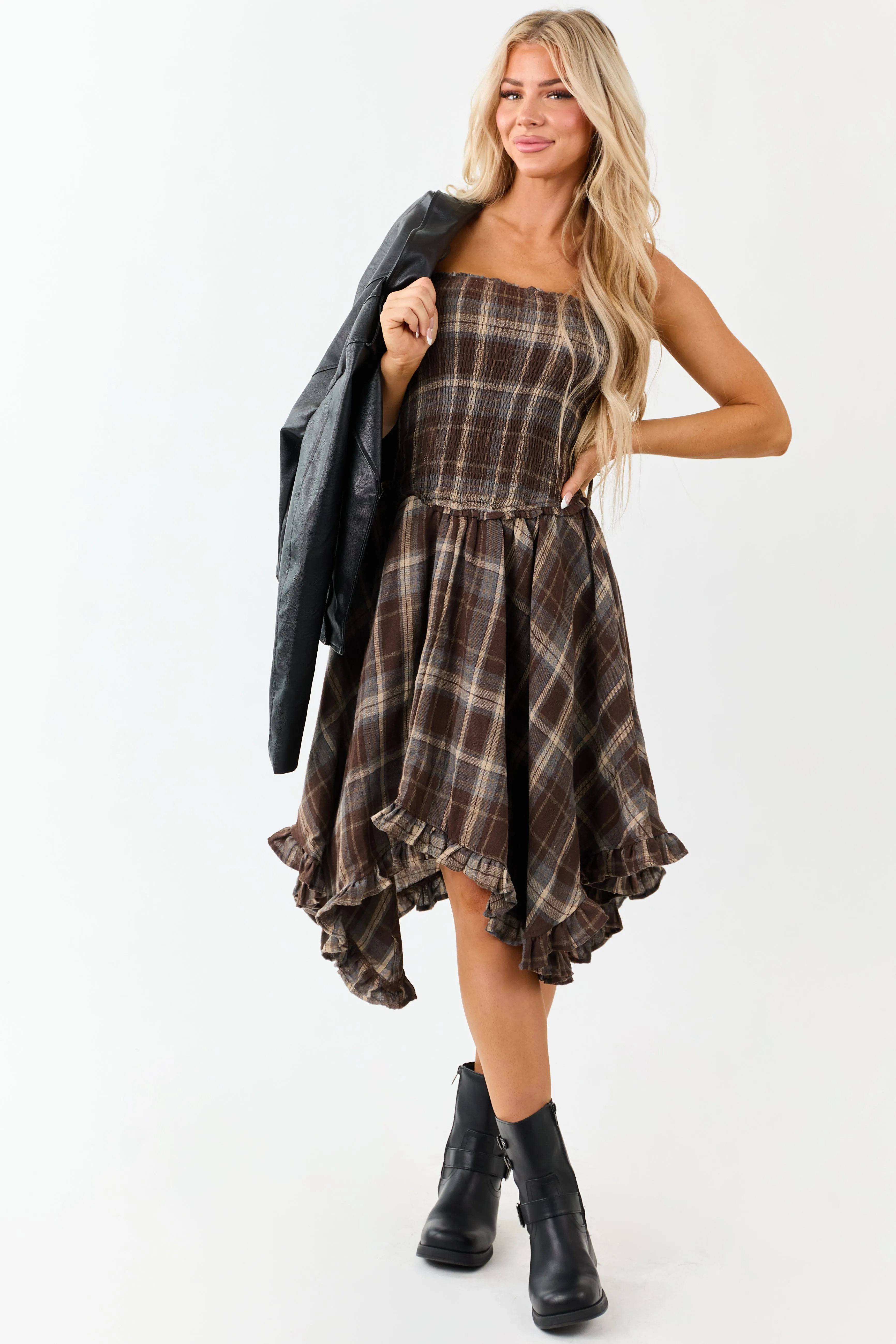 Cocoa Plaid Handkerchief Hem Sleeveless Midi Dress sold by Lime Lush product image thumbnail 2
