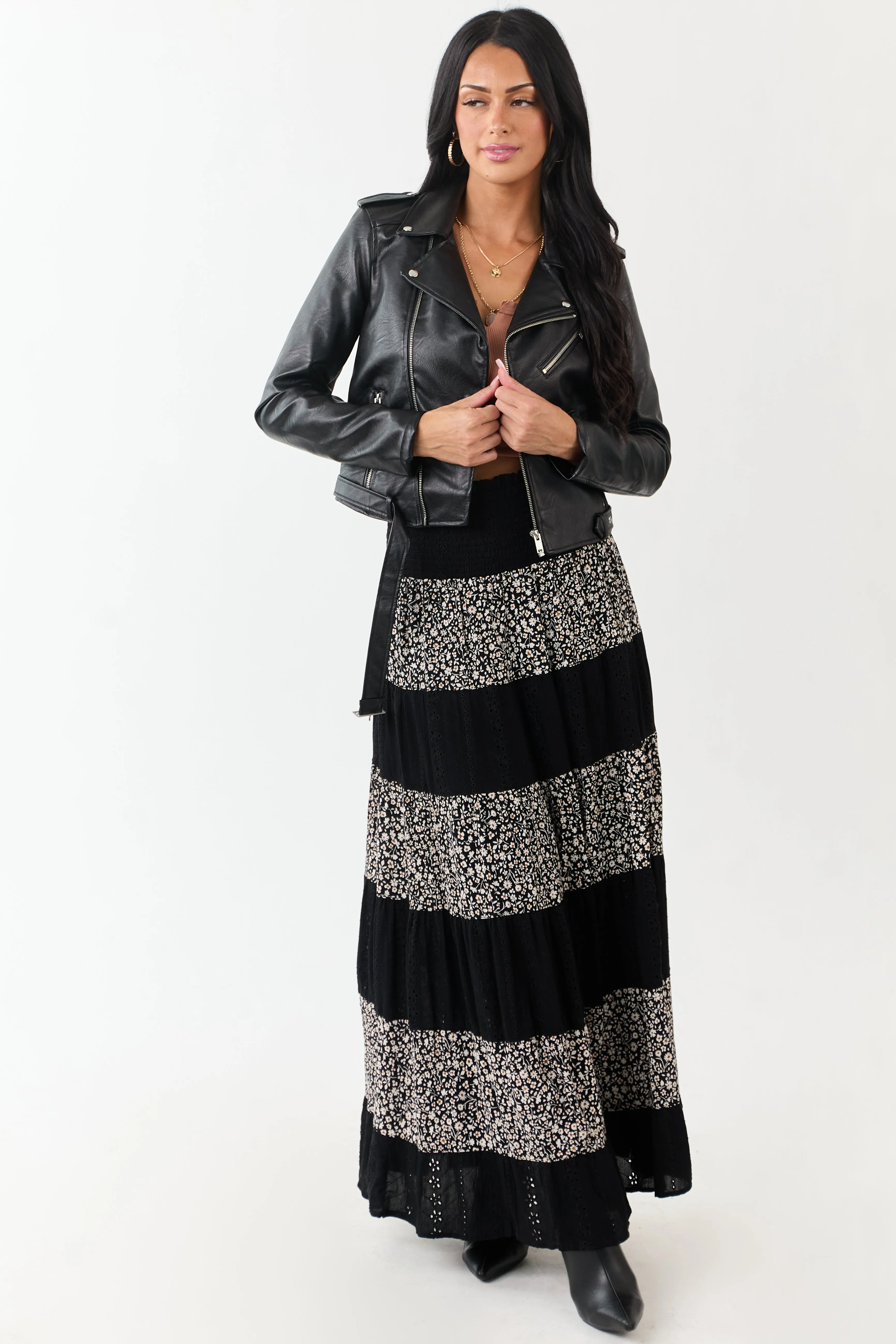 Black Eyelet Lace and Floral Print Tiered Maxi Skirt sold by Lime Lush product image thumbnail 5
