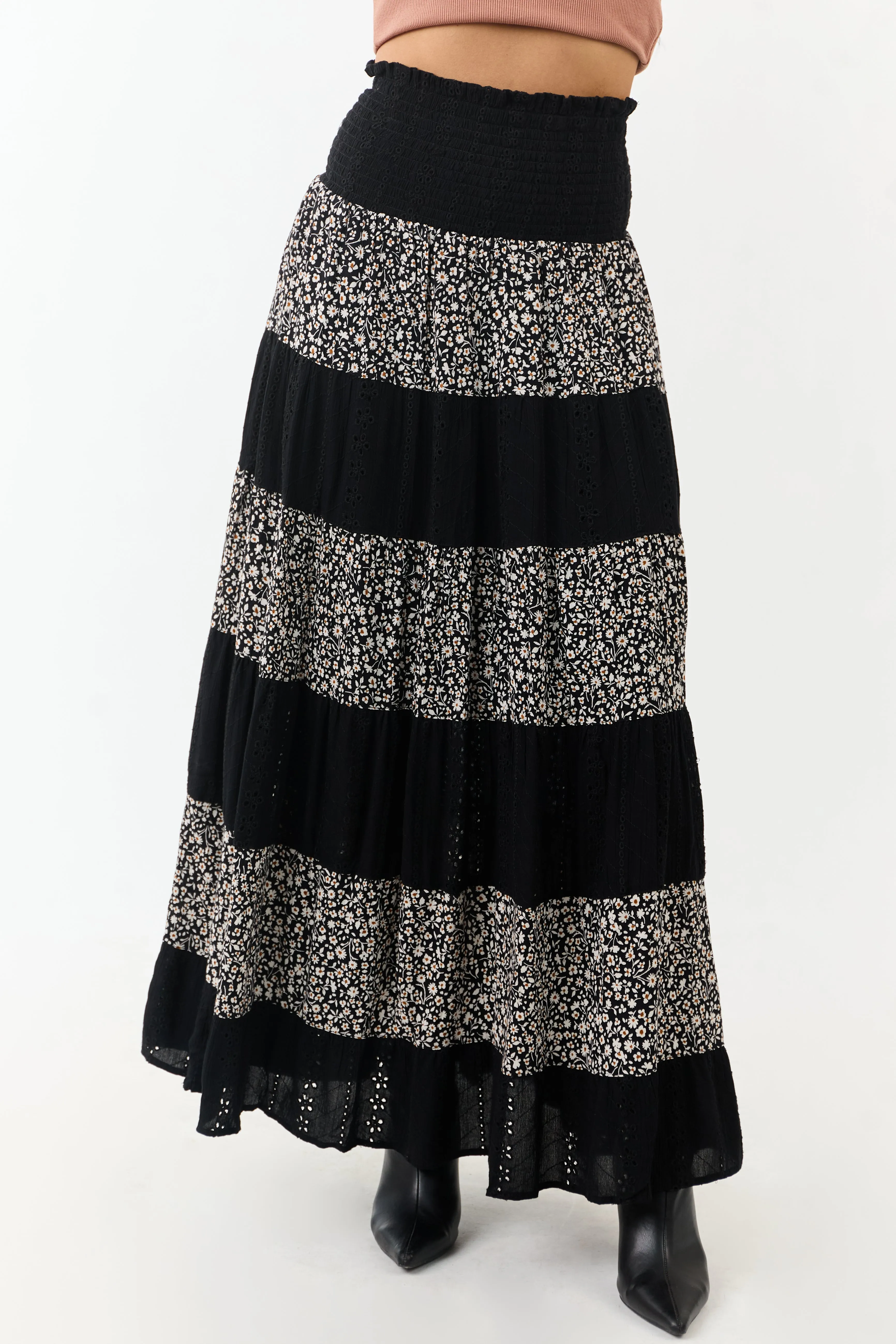 Black Eyelet Lace and Floral Print Tiered Maxi Skirt sold by Lime Lush product image thumbnail 2