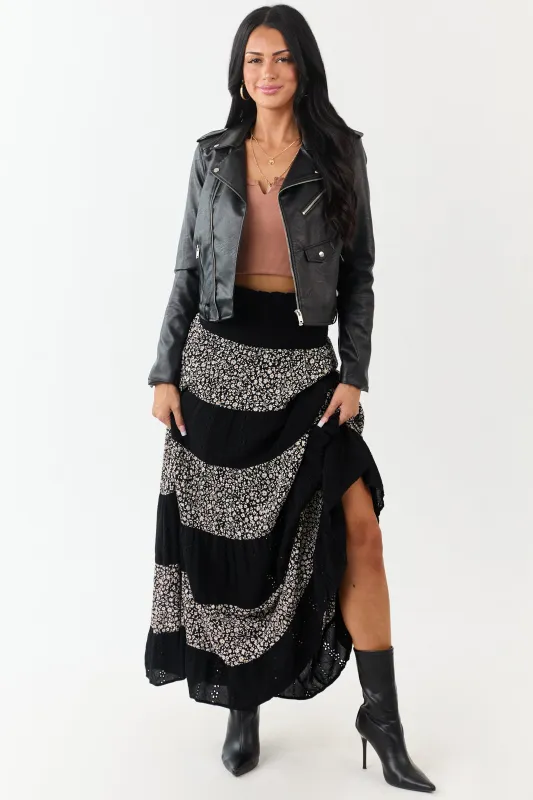 Black Eyelet Lace and Floral Print Tiered Maxi Skirt made by Angie