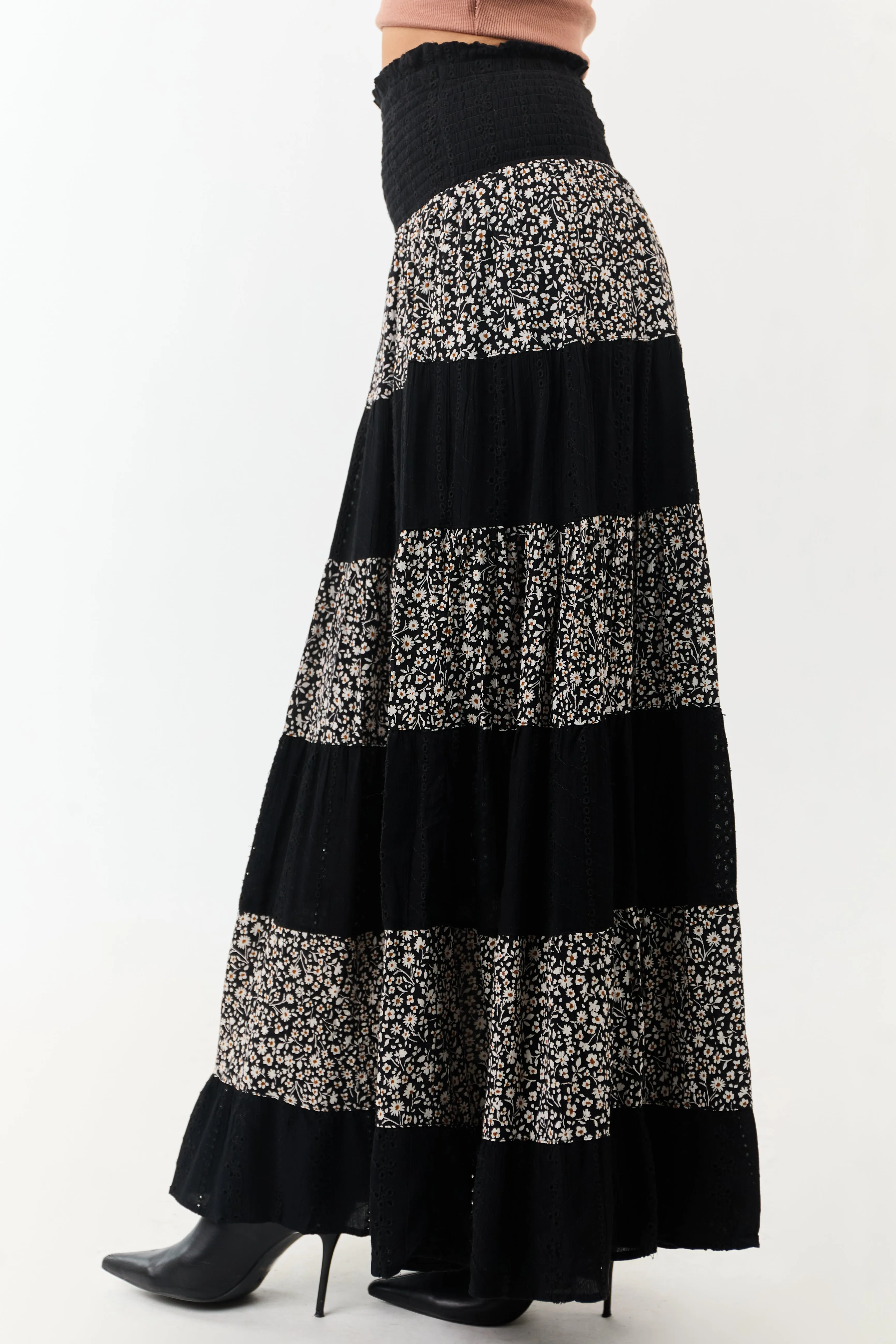 Black Eyelet Lace and Floral Print Tiered Maxi Skirt sold by Lime Lush product image thumbnail 3