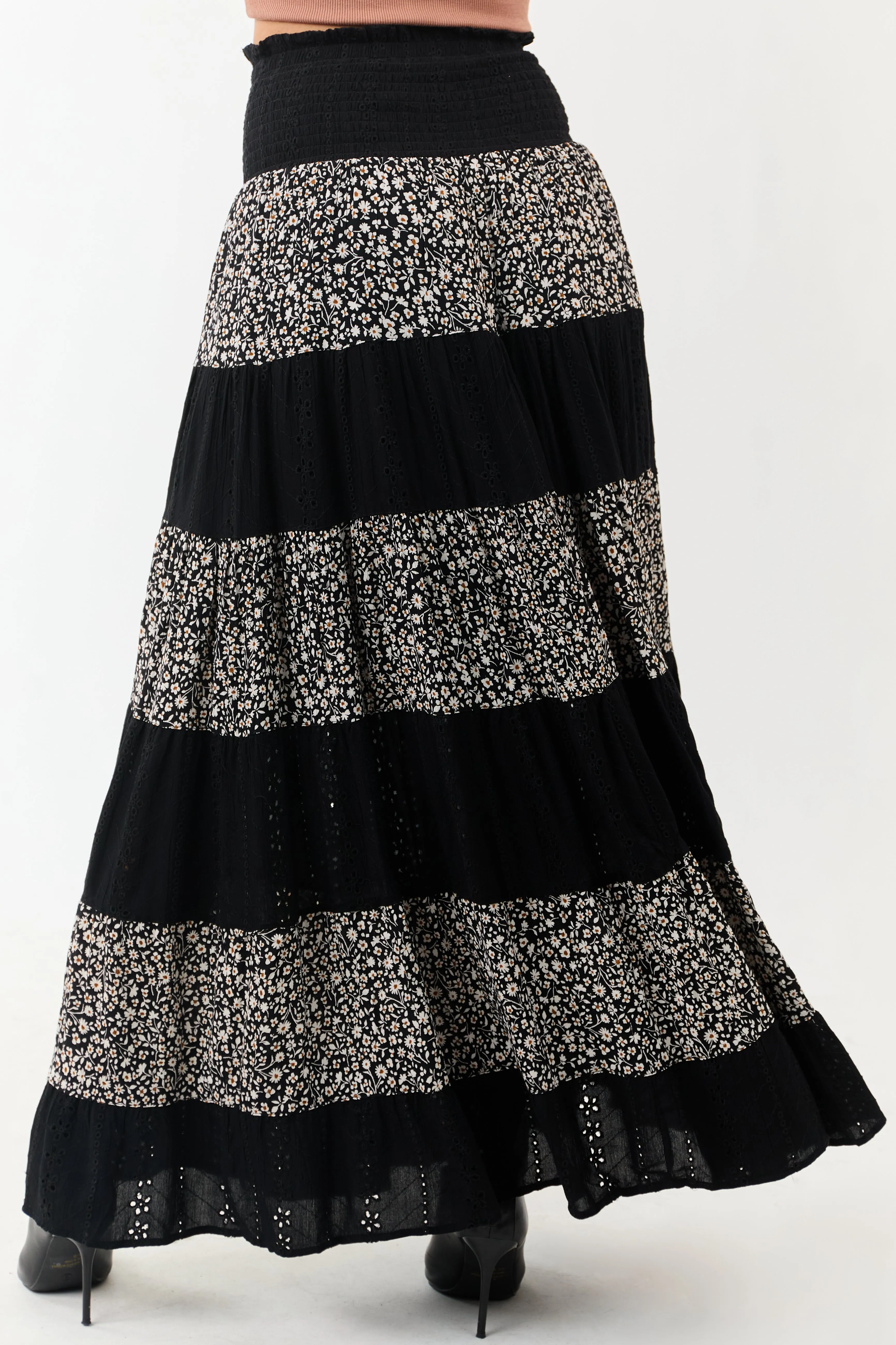 Black Eyelet Lace and Floral Print Tiered Maxi Skirt sold by Lime Lush product image thumbnail 4