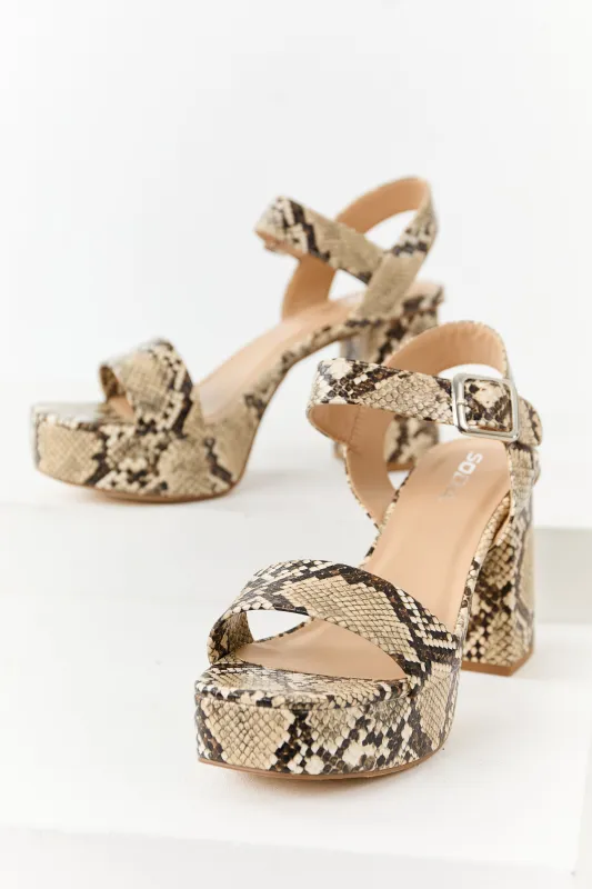 Beige Faux Snakeskin Ankle Strap Platform Heels sold by Lime Lush