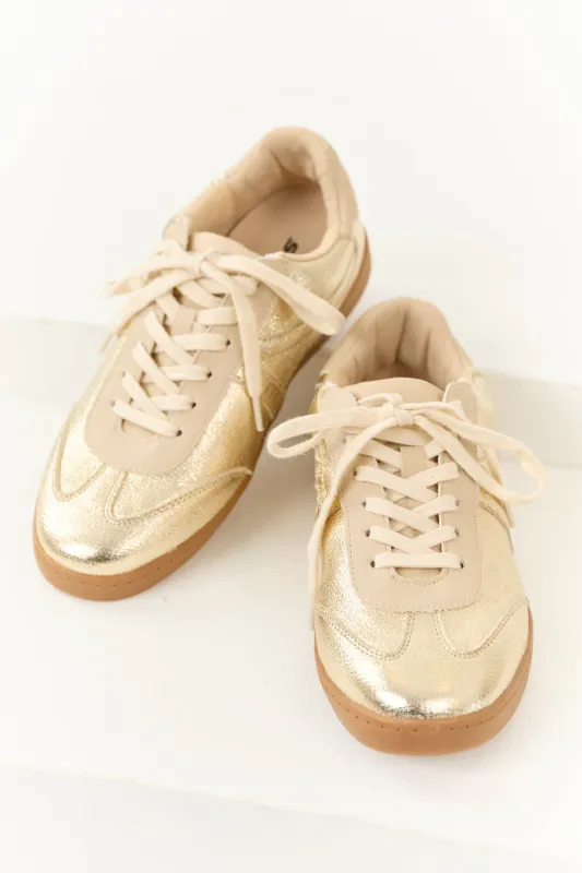 Gold and Beige Lace Up Low Top Sneakers sold by Lime Lush