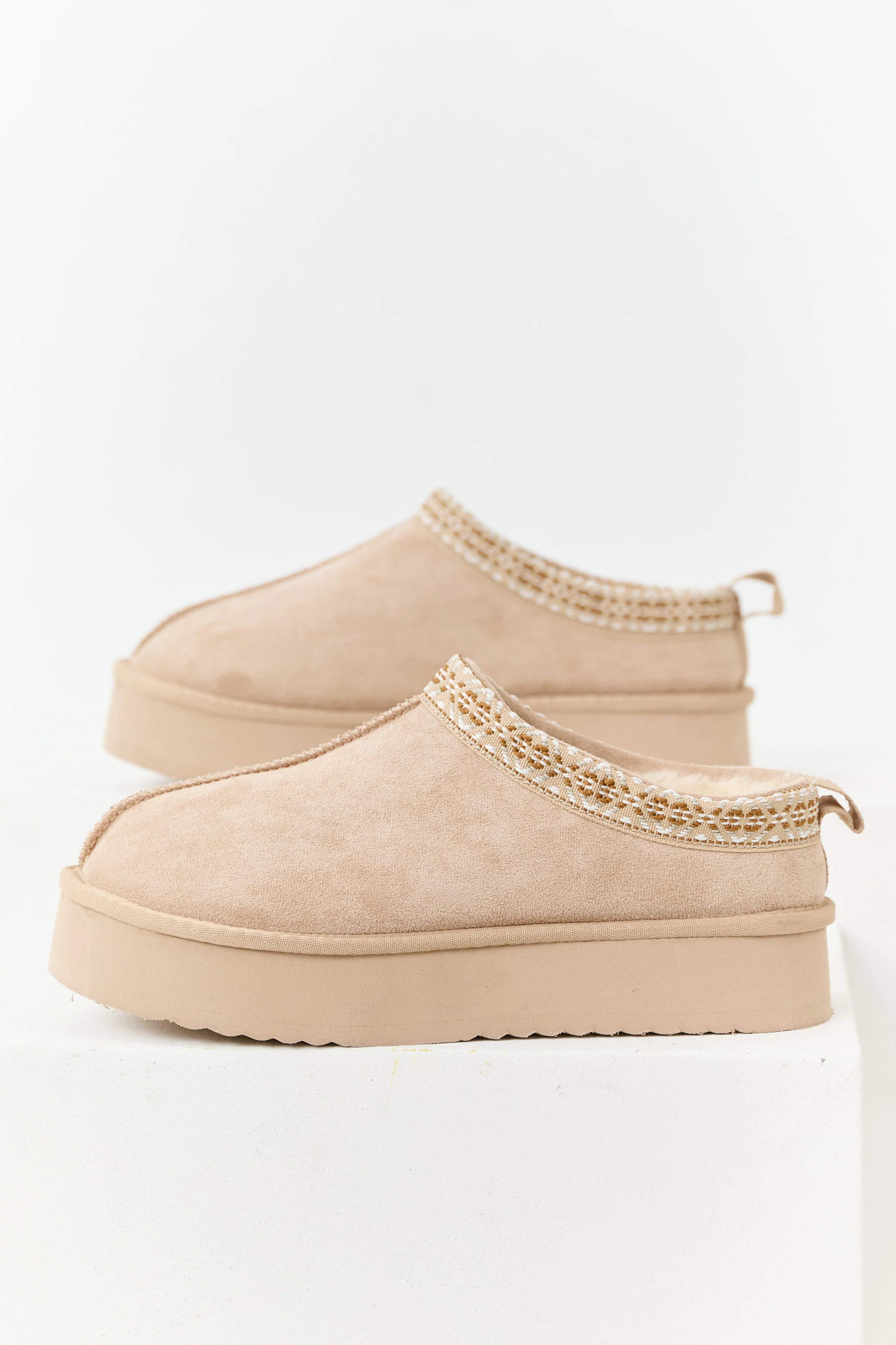 Desert Sand Faux Suede Fur Lined Platform Slippers sold by Lime Lush