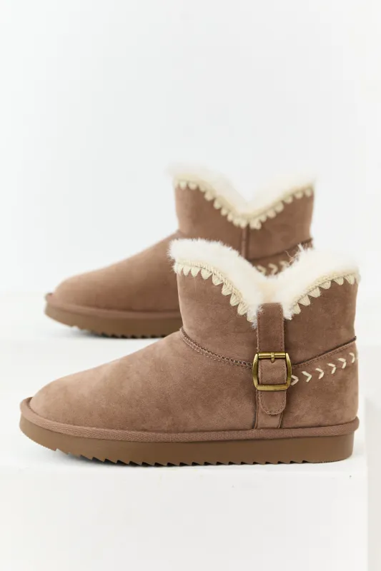 Mocha Faux Suede Buckle Detail Short Booties sold by Lime Lush
