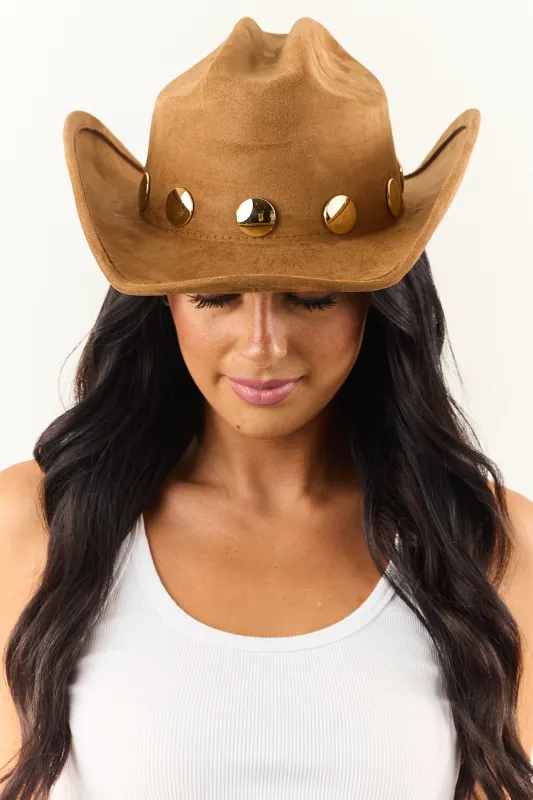 Sepia Faux Suede Gold Disc Cowboy Hat sold by Lime Lush