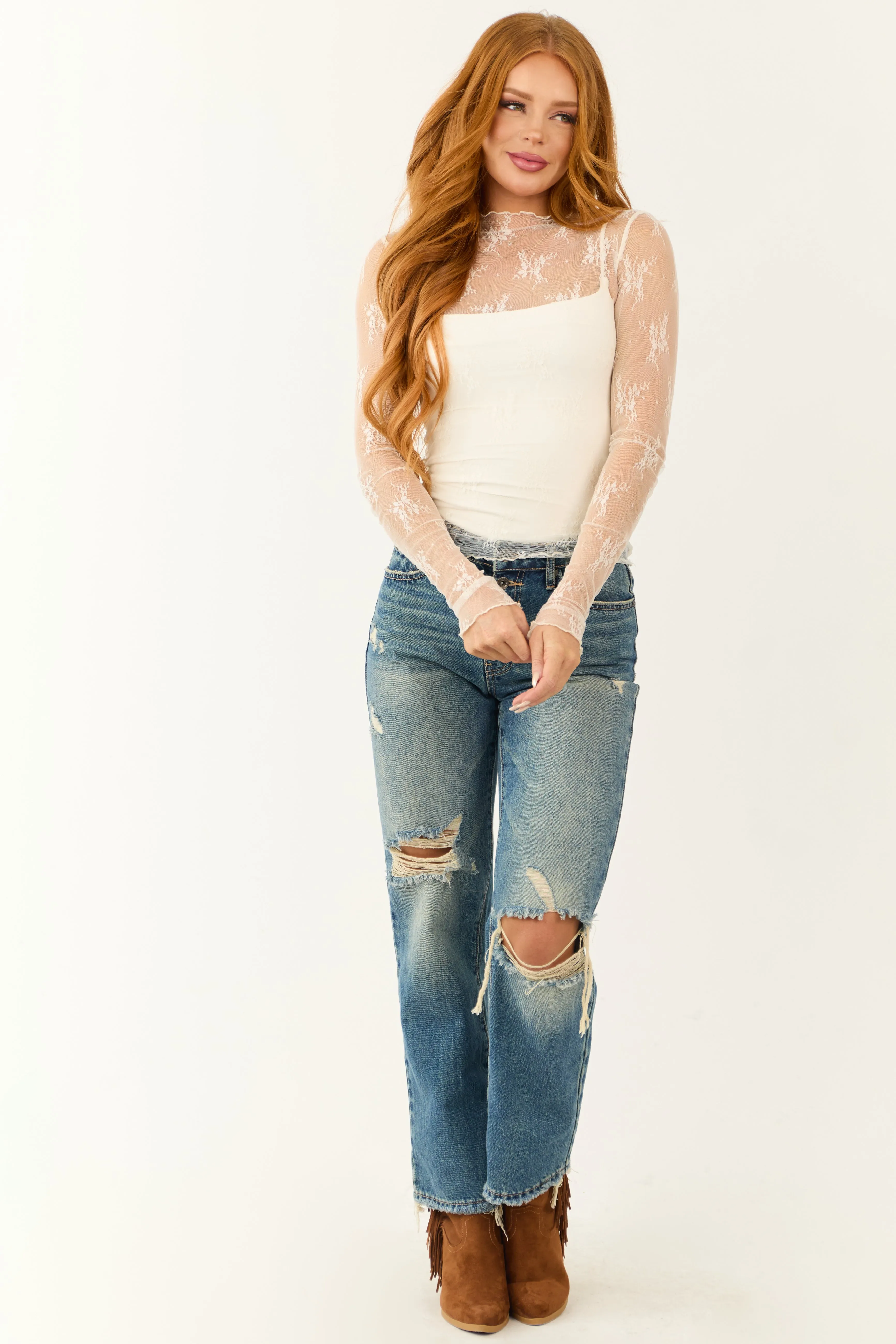 Listicle Off White Floral Mesh Lace Long Sleeve Top sold by Lime Lush product image thumbnail 5