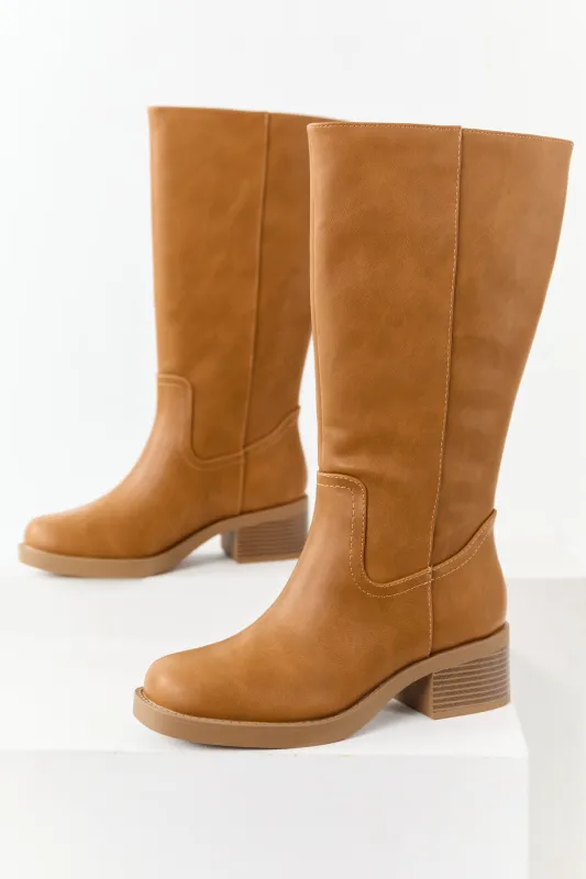 Caramel Faux Leather Block Heel Tall Riding Boots sold by Lime Lush