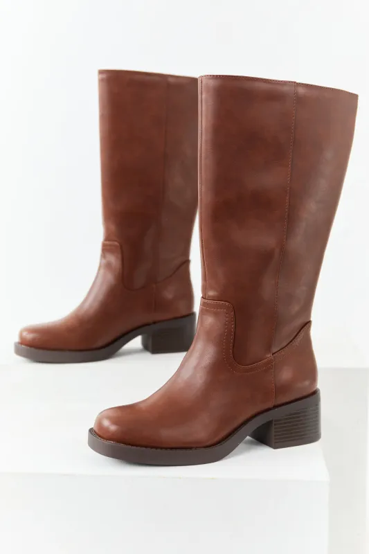 Cinnamon Faux Leather Block Heel Tall Riding Boots sold by Lime Lush