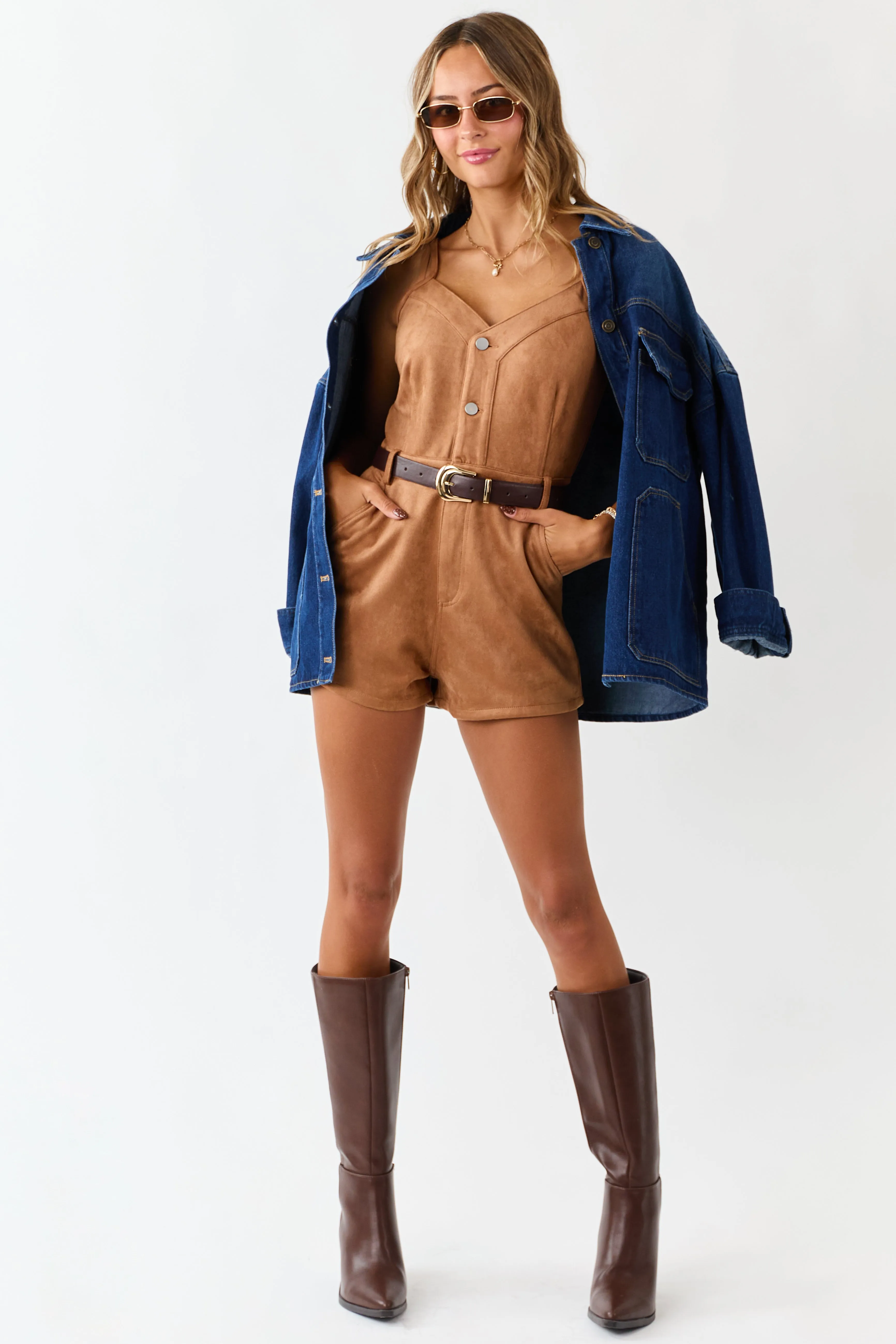 Cognac Faux Suede Sleeveless Button Down Romper sold by Lime Lush product image thumbnail 3