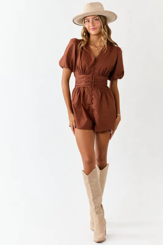 Spice Ruched Button Down Puff Sleeve Cotton Romper sold by Lime Lush