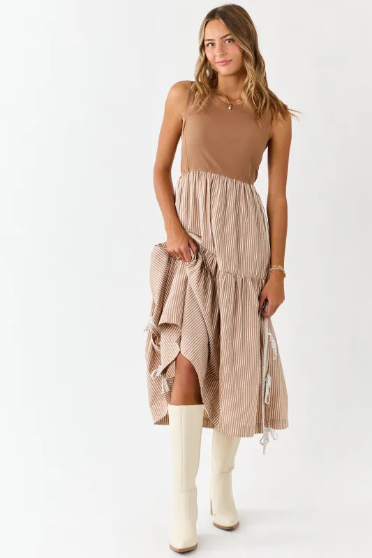 Cognac Ribbed Knit Bodice Contrast Striped Midi Dress sold by Lime Lush