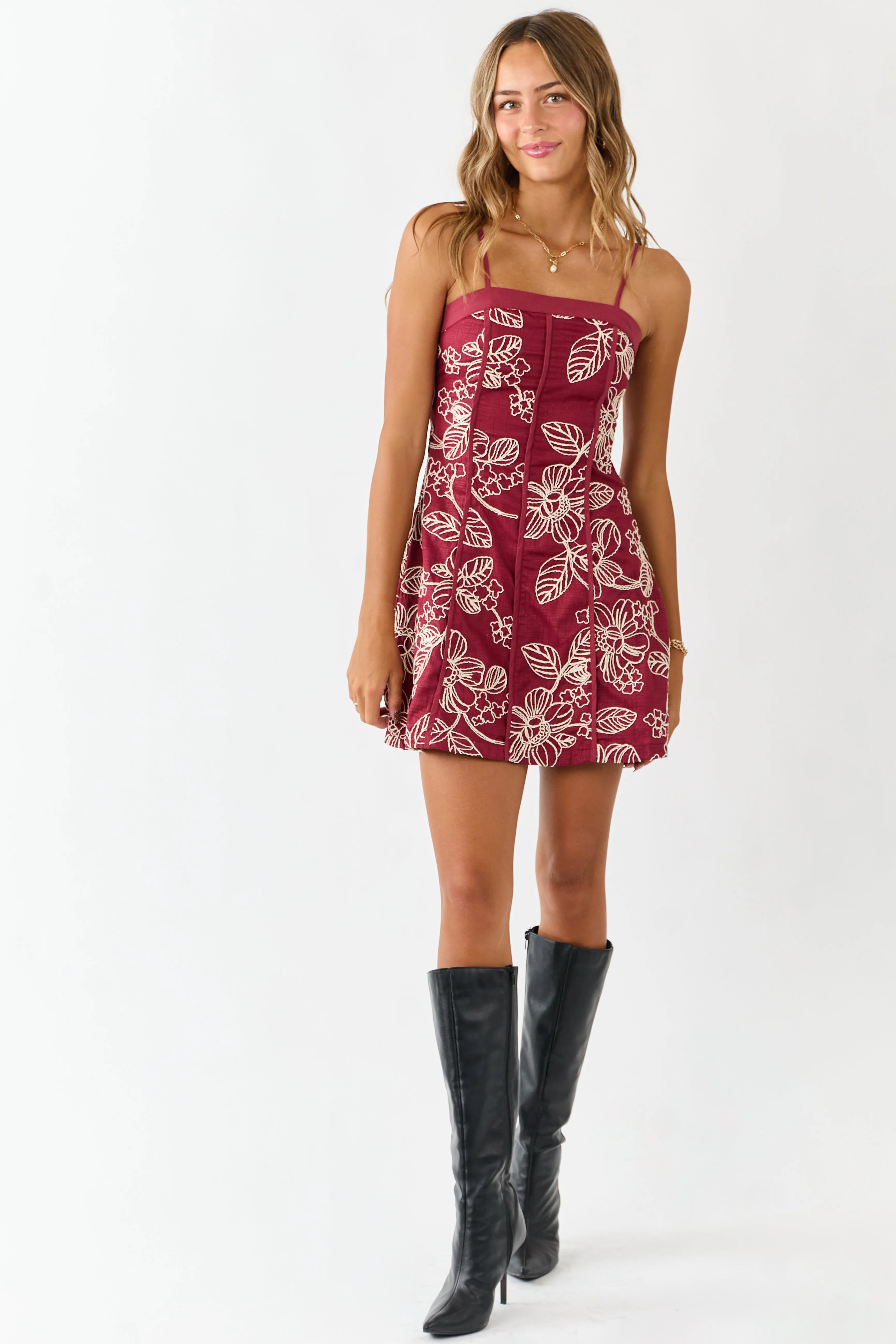 Burgundy Raised Floral Embroidery Mini Dress sold by Lime Lush product image thumbnail 2