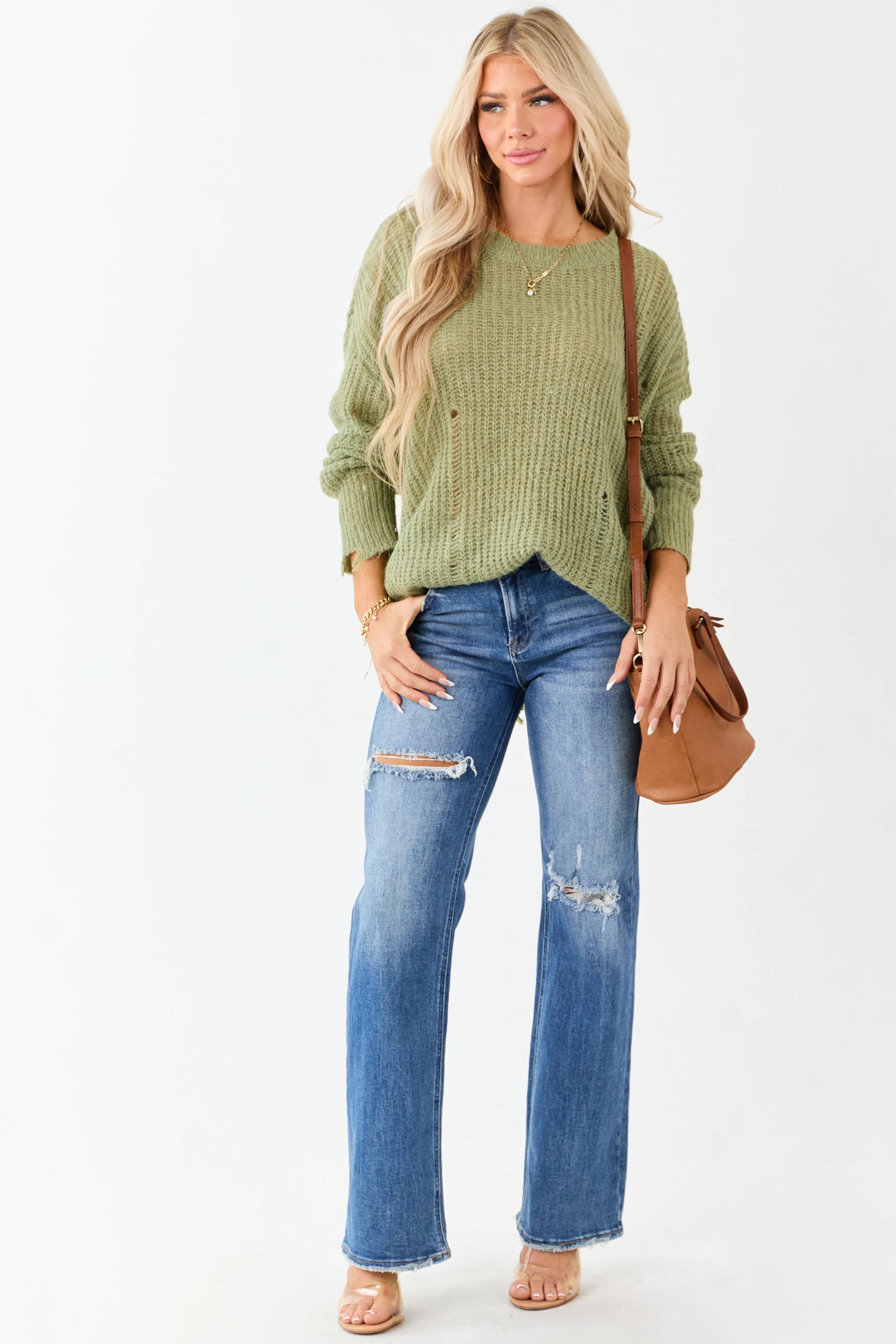 Sage Wool Blend Distressed Ribbed Knit Sweater sold by Lime Lush product image thumbnail 4