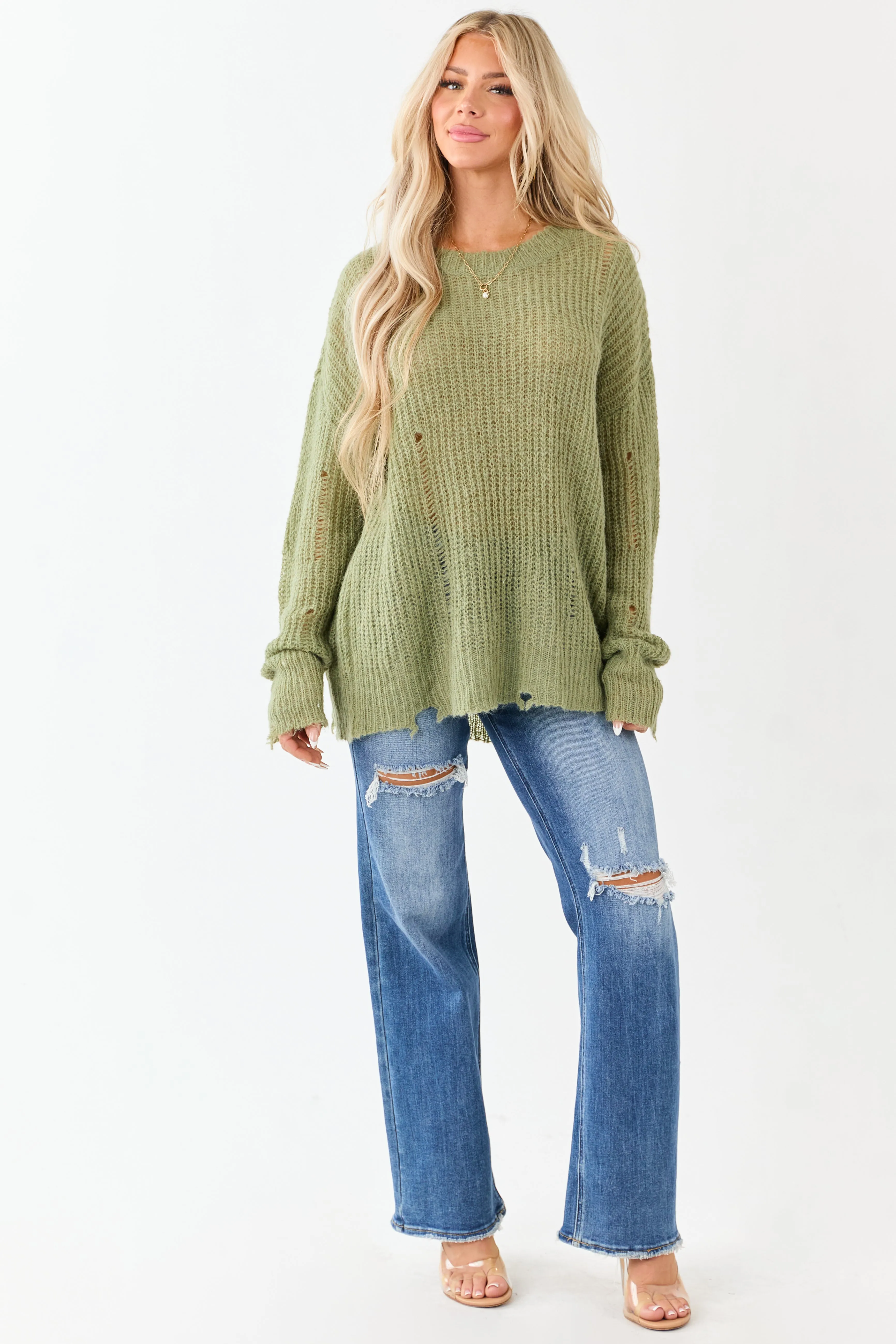 Sage Wool Blend Distressed Ribbed Knit Sweater sold by Lime Lush product image thumbnail 2