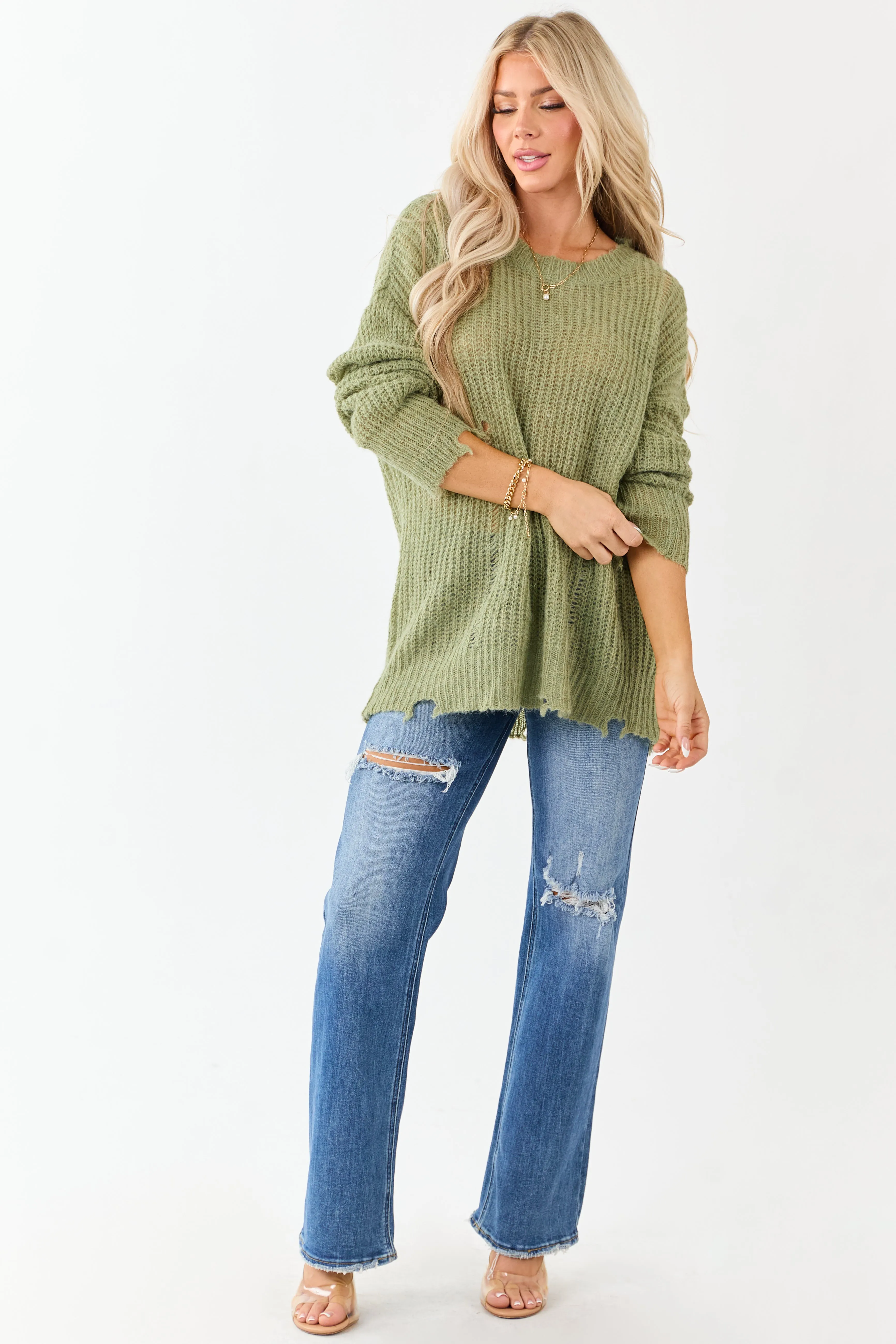 Sage Wool Blend Distressed Ribbed Knit Sweater sold by Lime Lush product image thumbnail 3