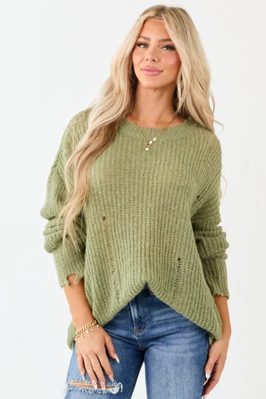 Sage Wool Blend Distressed Ribbed Knit Sweater sold by Lime Lush