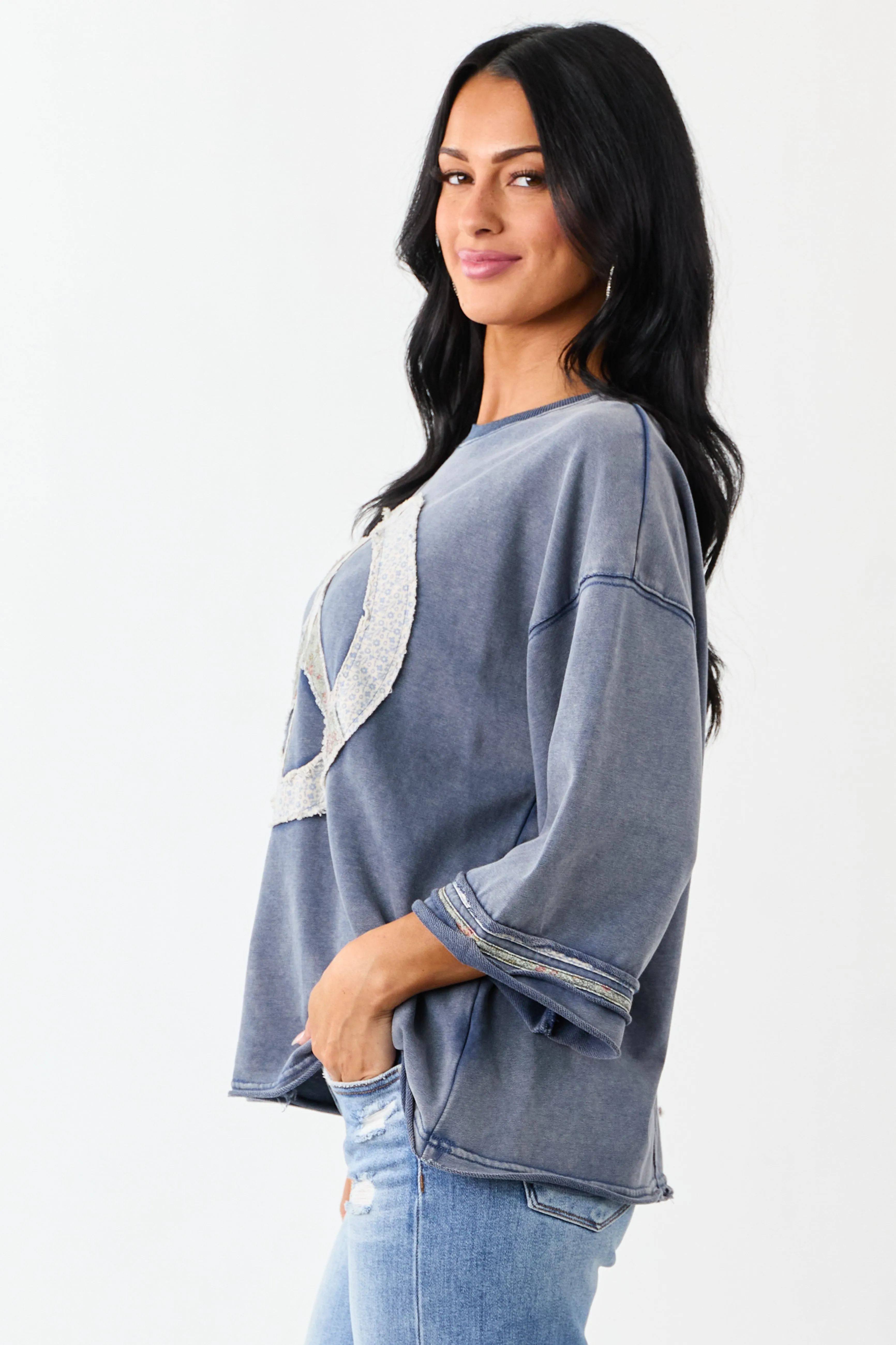Steel Blue Mineral Wash Peace Sign Patchwork Top sold by Lime Lush product image thumbnail 4