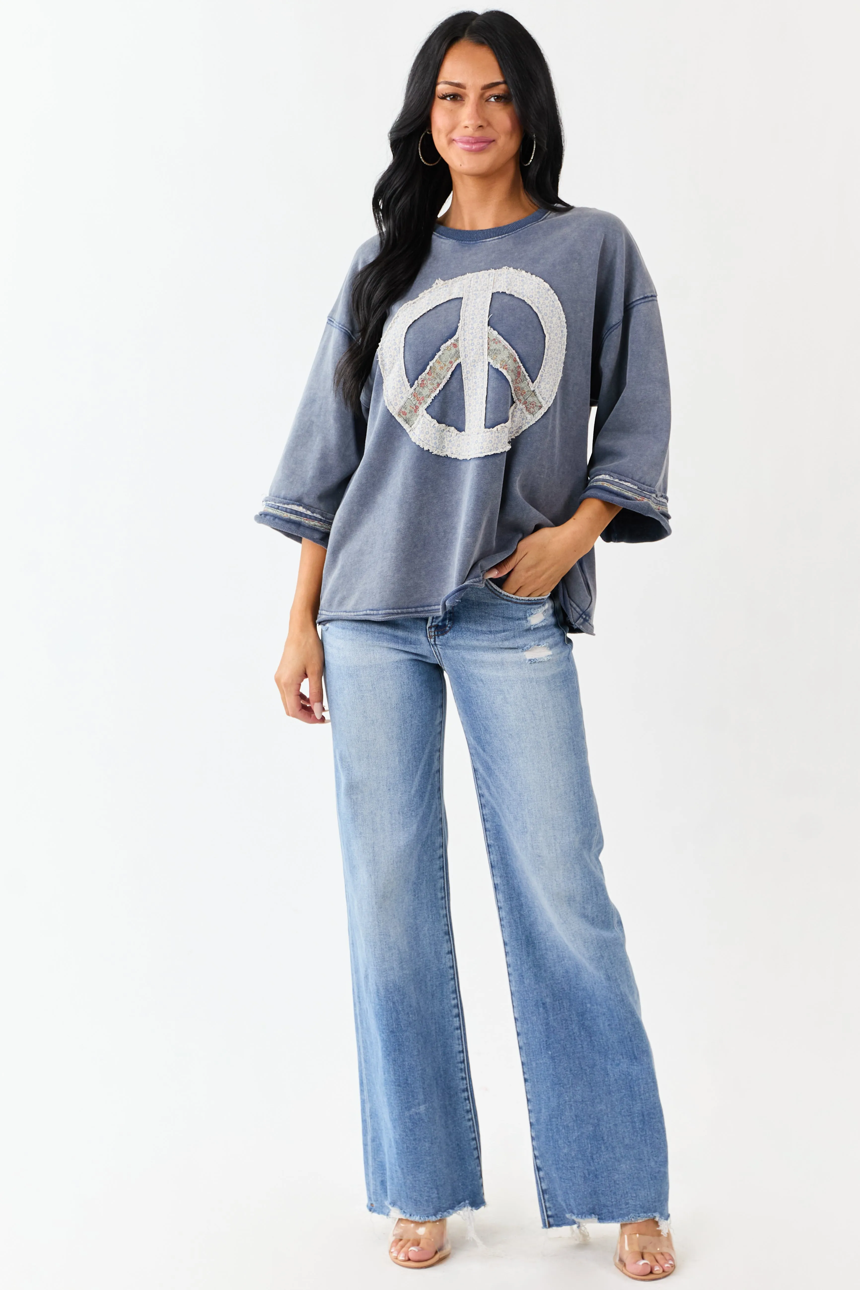 Steel Blue Mineral Wash Peace Sign Patchwork Top sold by Lime Lush product image thumbnail 2