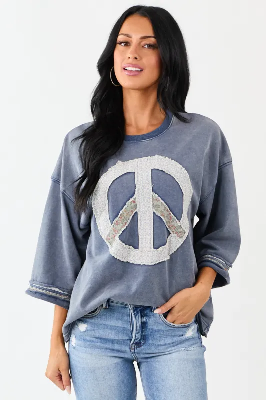 Steel Blue Mineral Wash Peace Sign Patchwork Top sold by Lime Lush