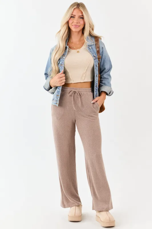 Coffee Ribbed Knit Drawstring Waist Wide Leg Pants sold by Lime Lush
