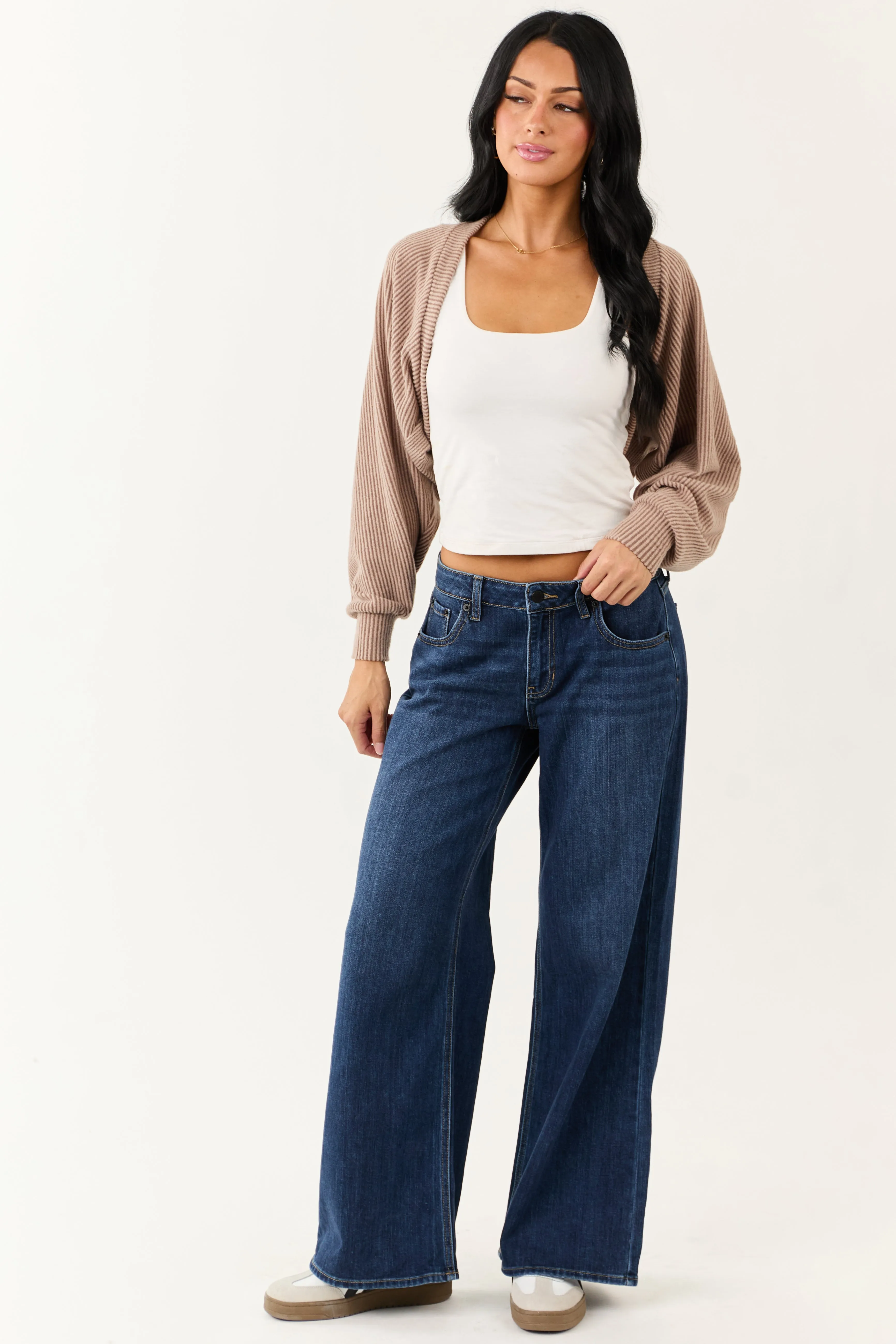 Coffee Open Front Soft Ribbed Shrug Cardigan sold by Lime Lush product image thumbnail 2