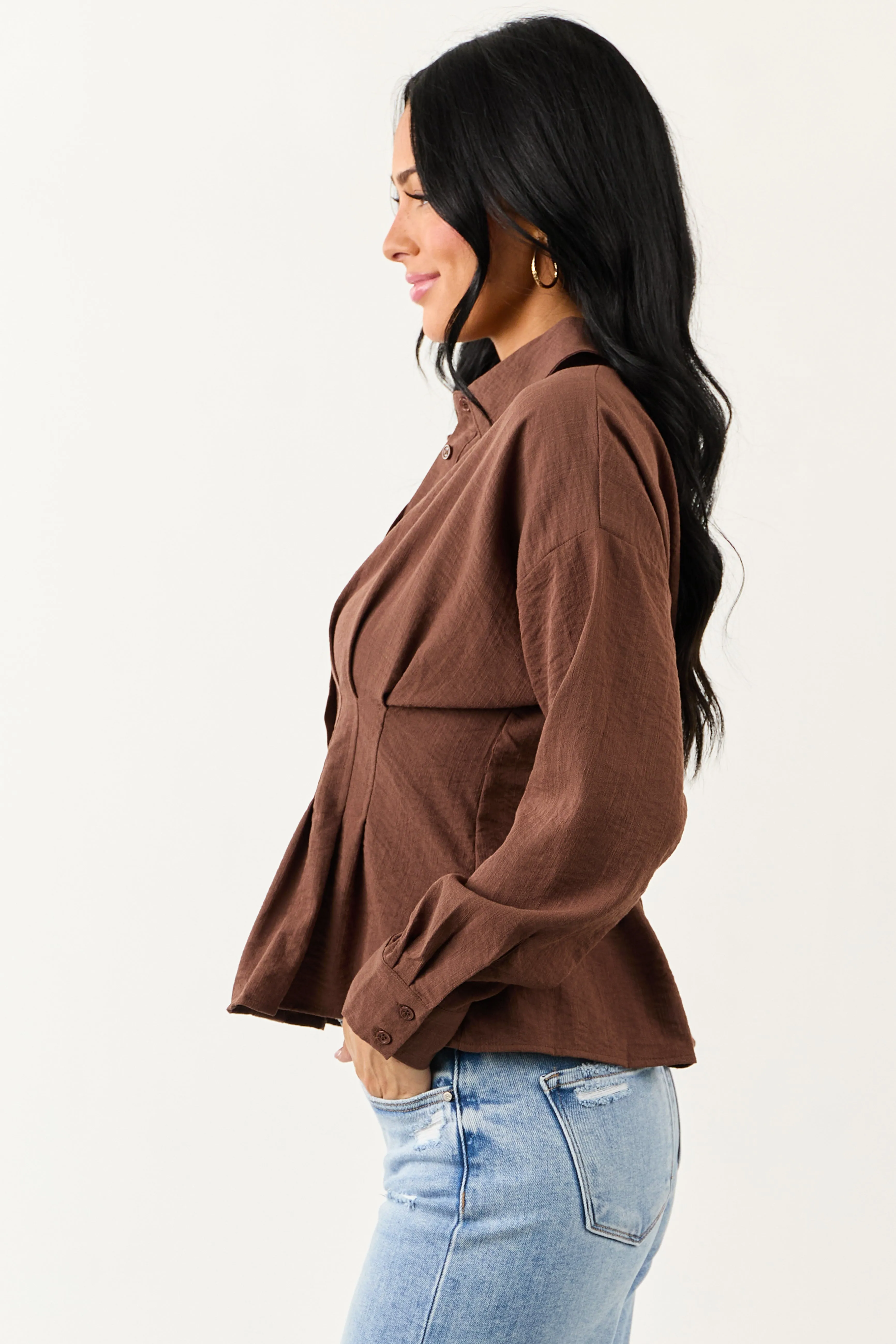 Entro Cocoa Button Down Long Sleeve Pleated Top sold by Lime Lush product image thumbnail 4