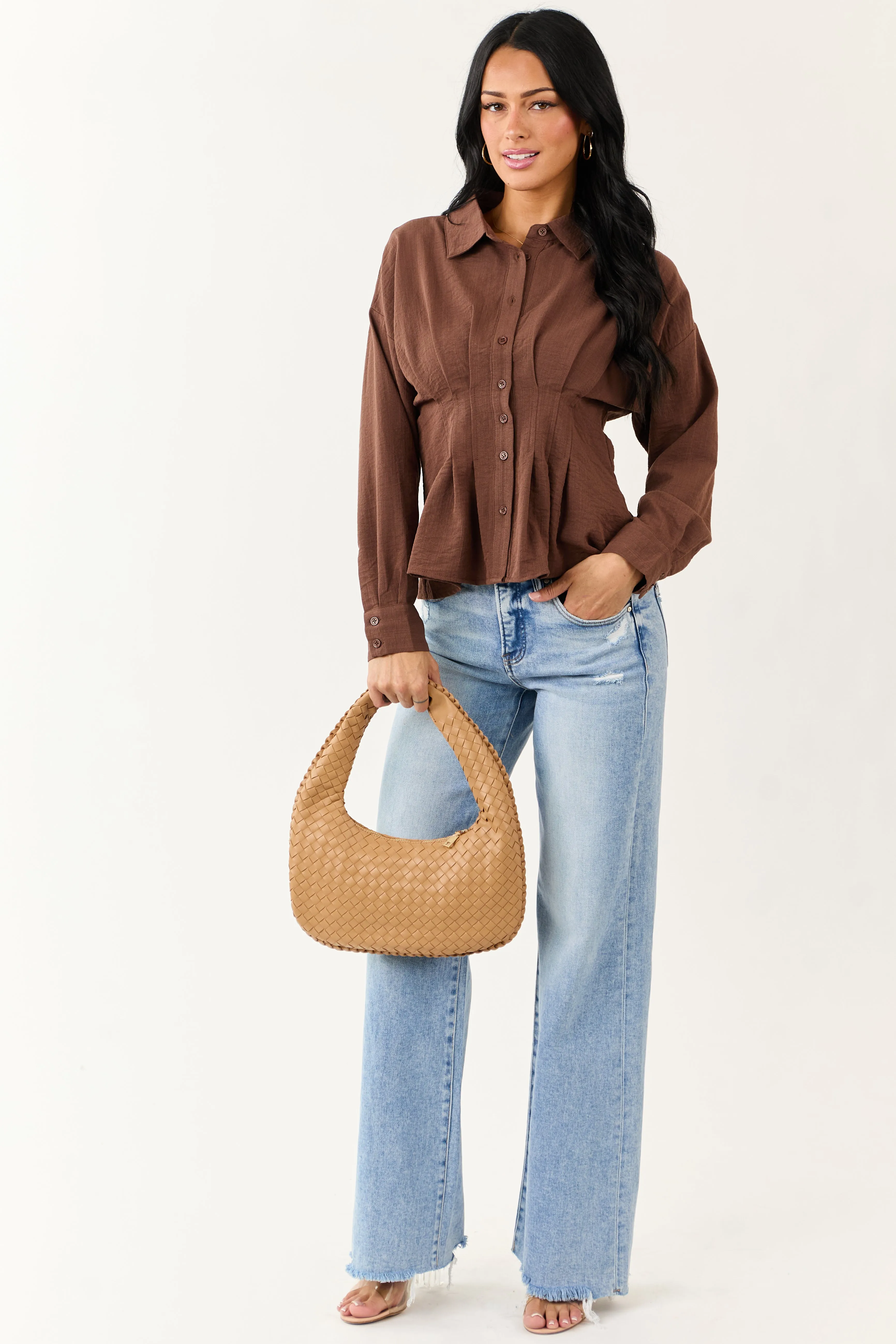 Entro Cocoa Button Down Long Sleeve Pleated Top sold by Lime Lush product image thumbnail 3