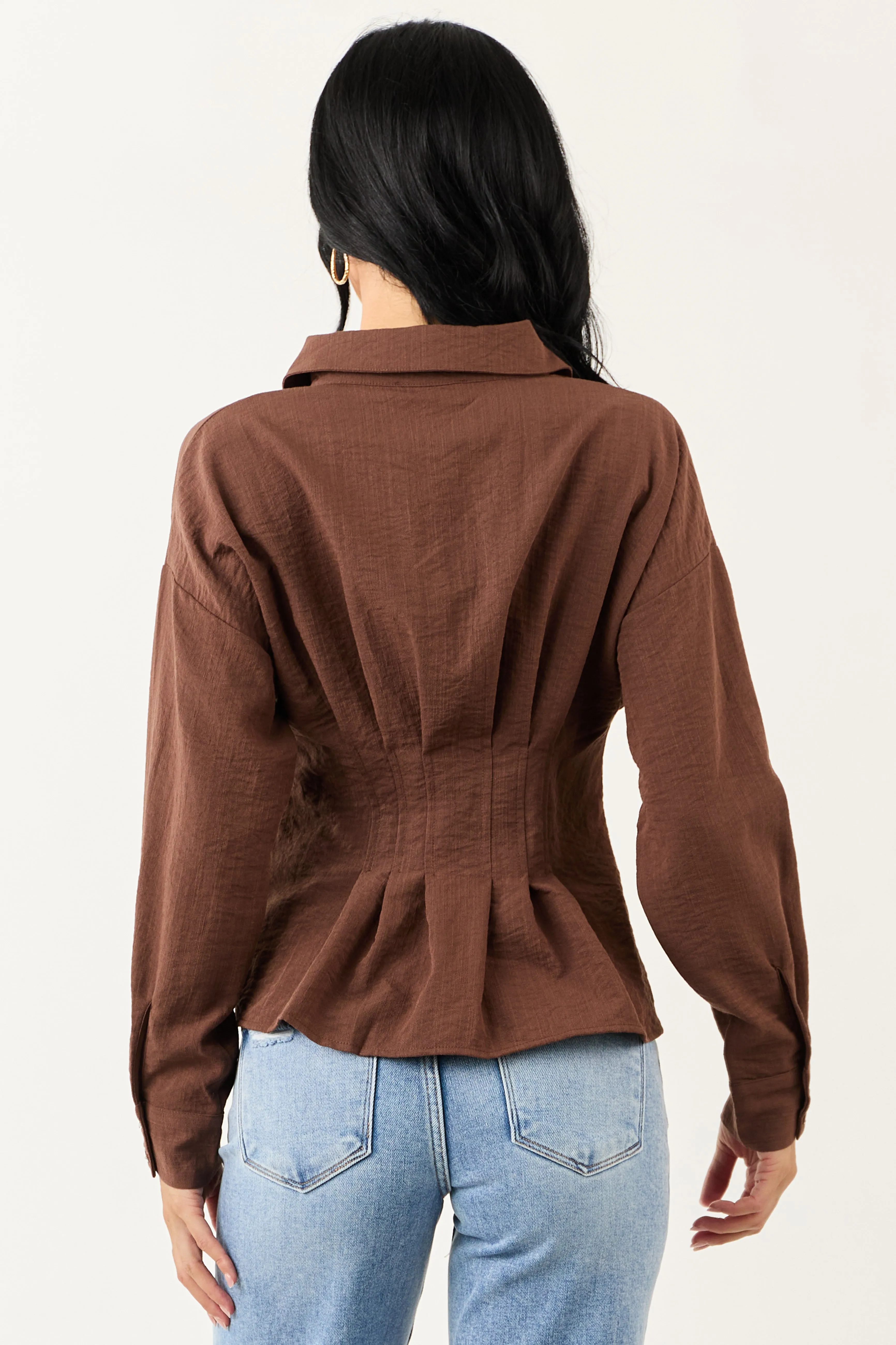 Entro Cocoa Button Down Long Sleeve Pleated Top sold by Lime Lush product image thumbnail 5