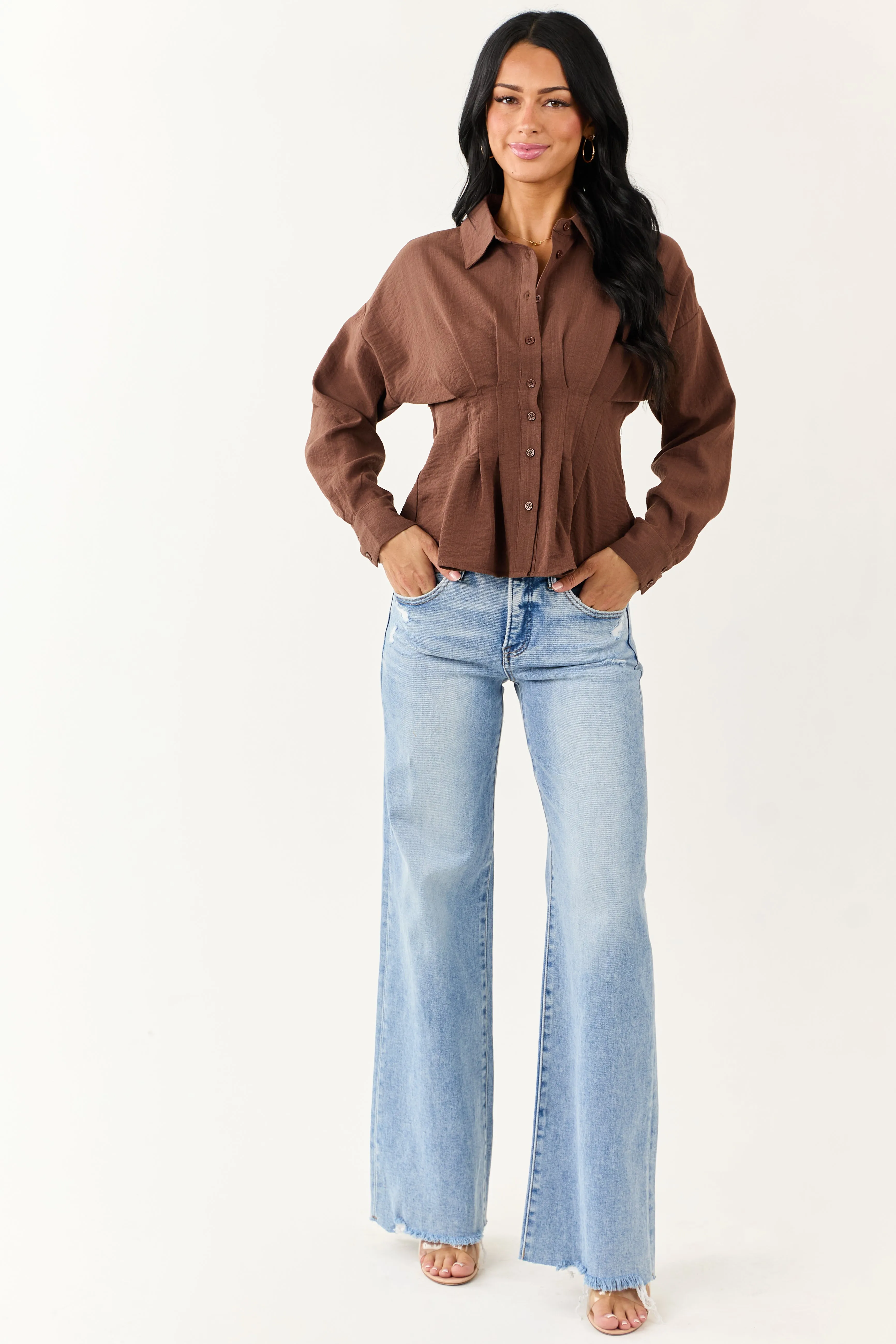 Entro Cocoa Button Down Long Sleeve Pleated Top sold by Lime Lush product image thumbnail 2